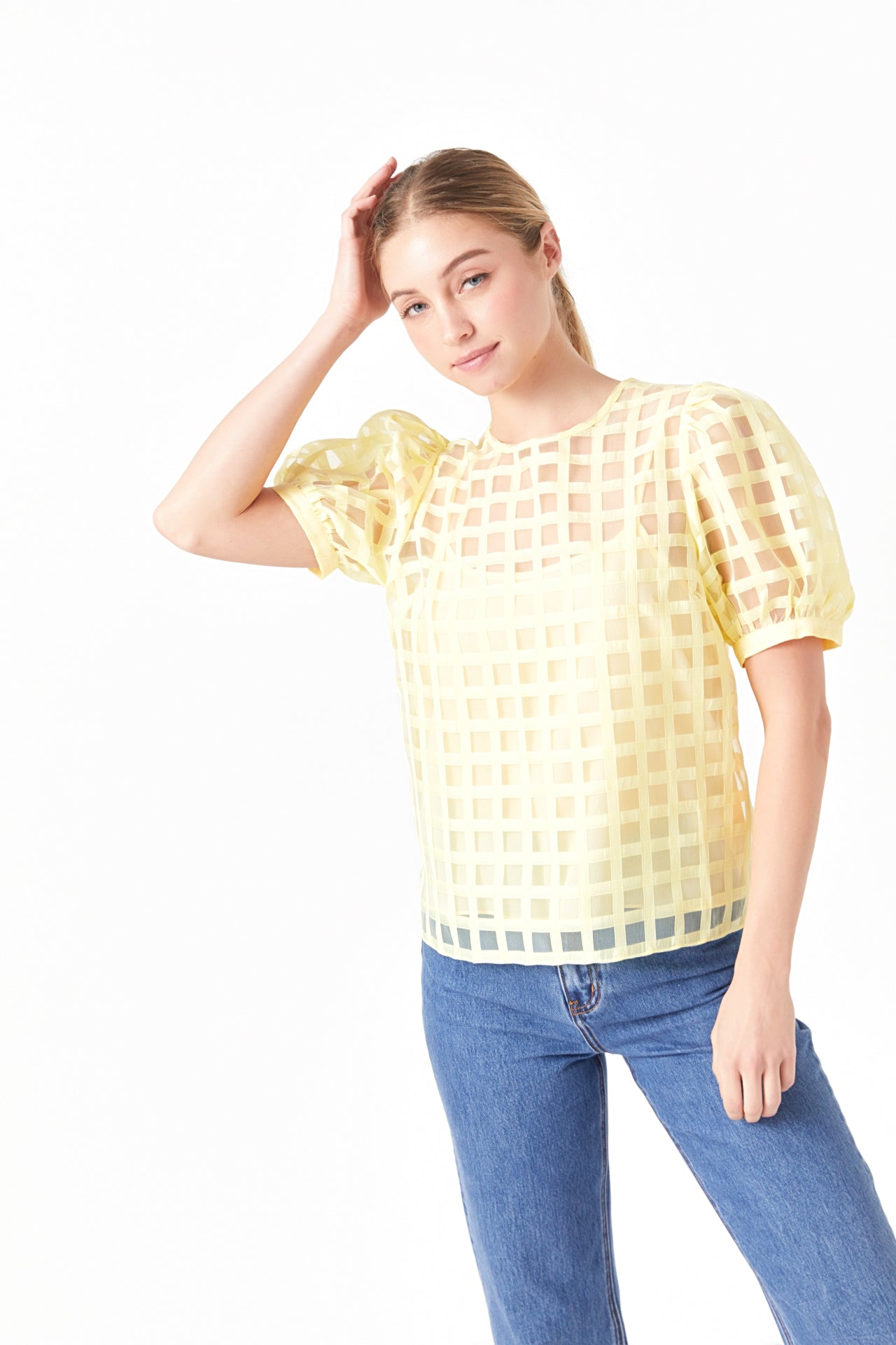 Plaid Sheer Puff Sleeve Top