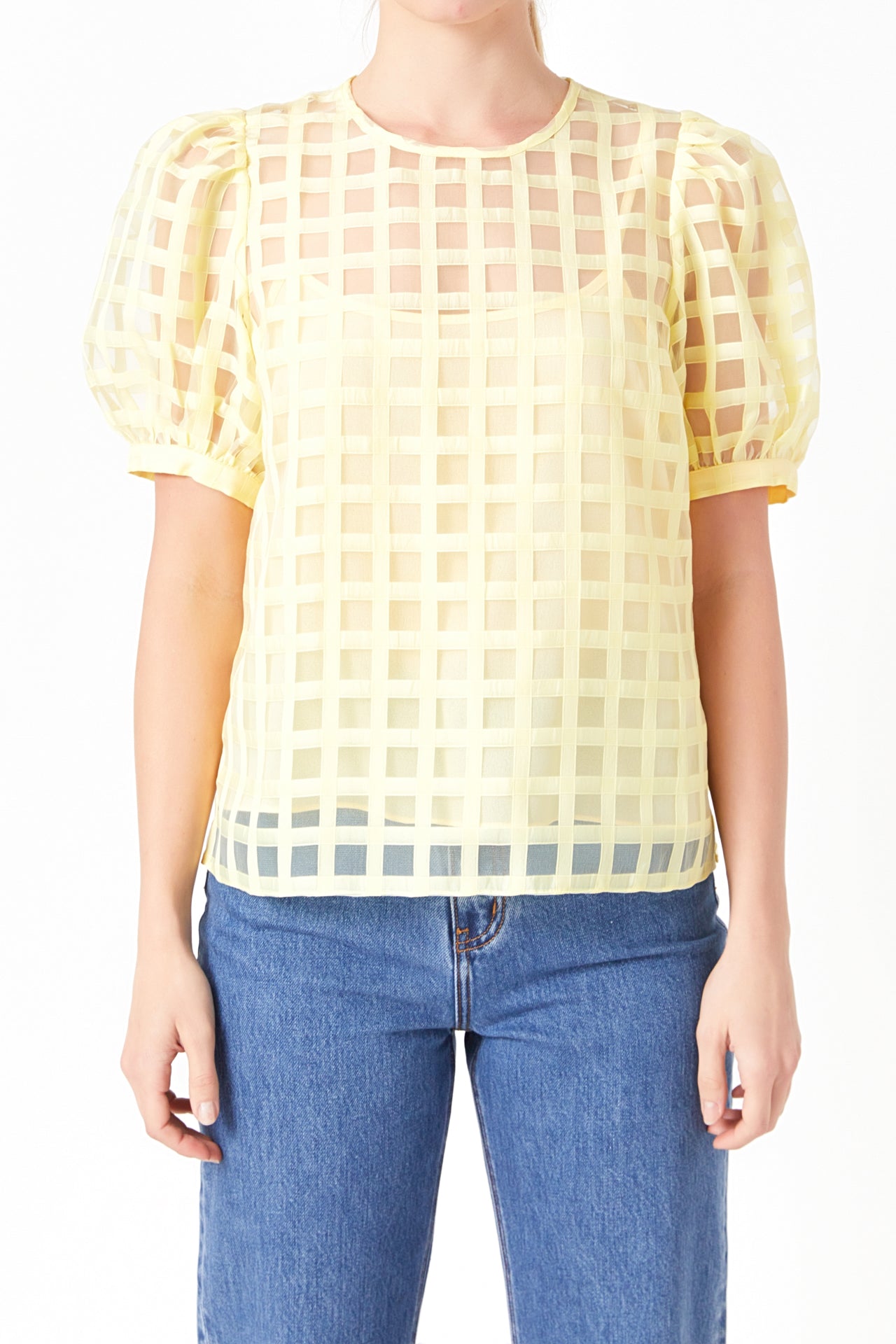 Plaid Sheer Puff Sleeve Top