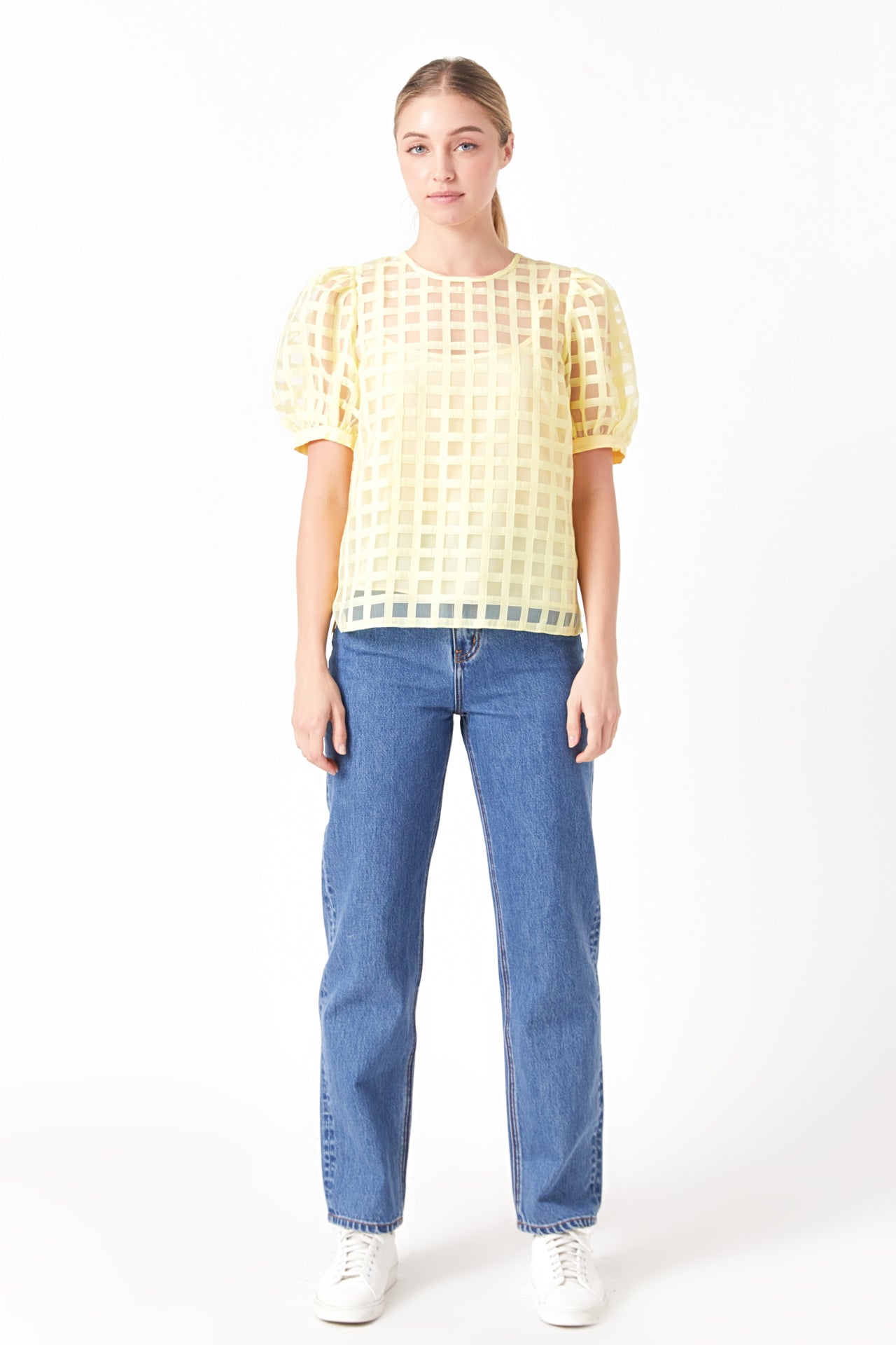 Plaid Sheer Puff Sleeve Top
