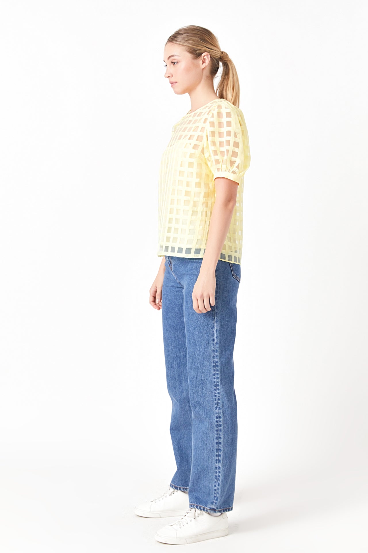 Plaid Sheer Puff Sleeve Top