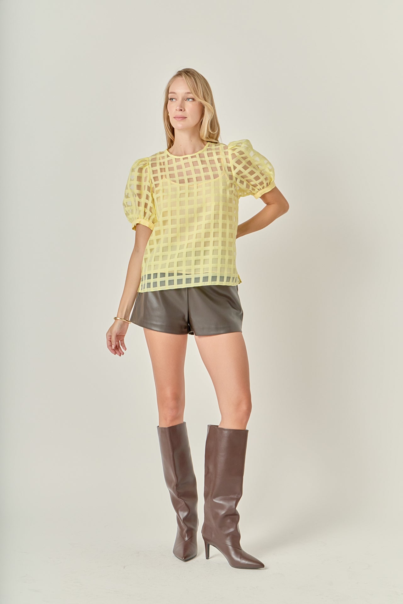 ENGLISH FACTORY - Plaid Sheer Puff Sleeve Top - TOPS available at Objectrare