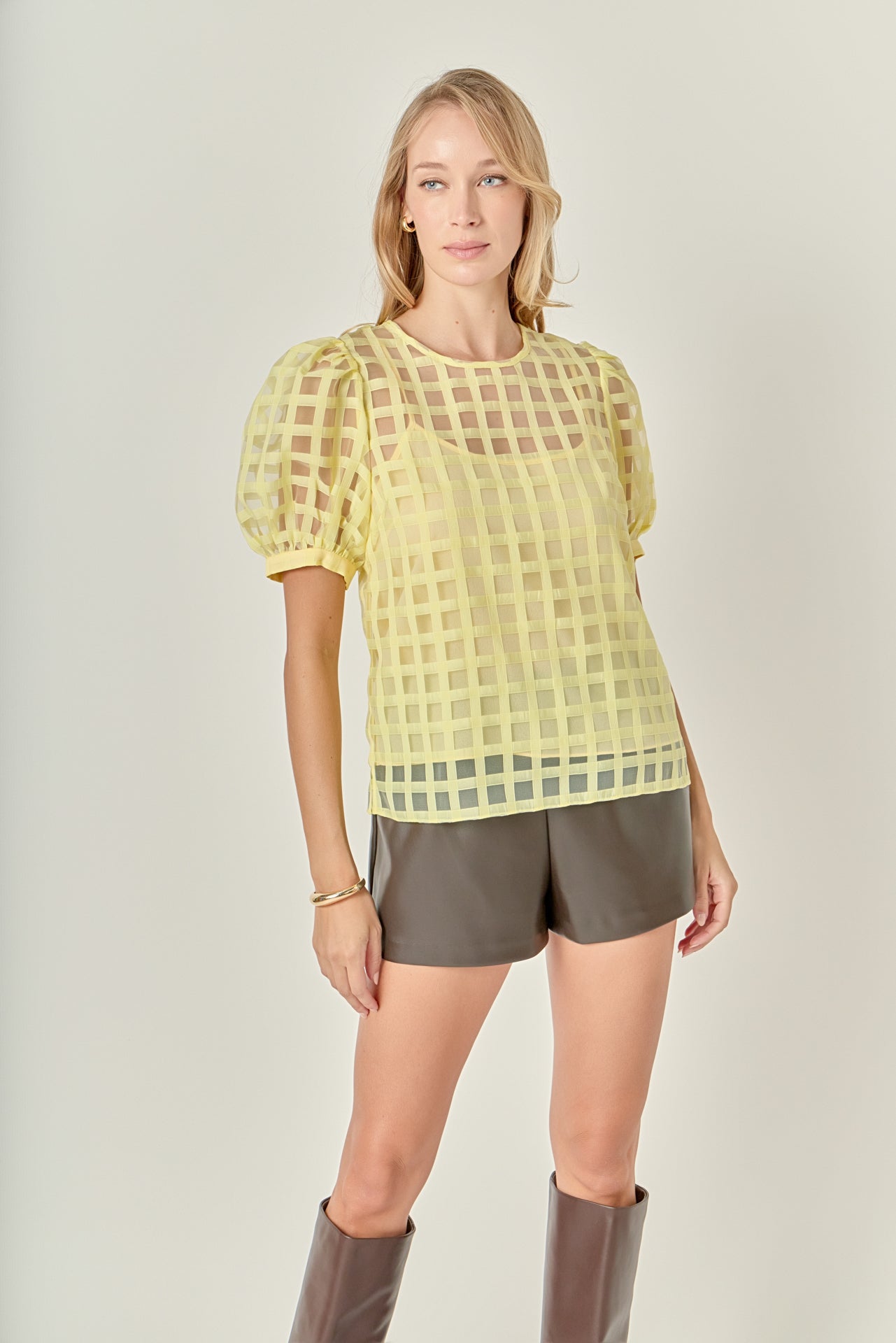 ENGLISH FACTORY - Plaid Sheer Puff Sleeve Top - TOPS available at Objectrare
