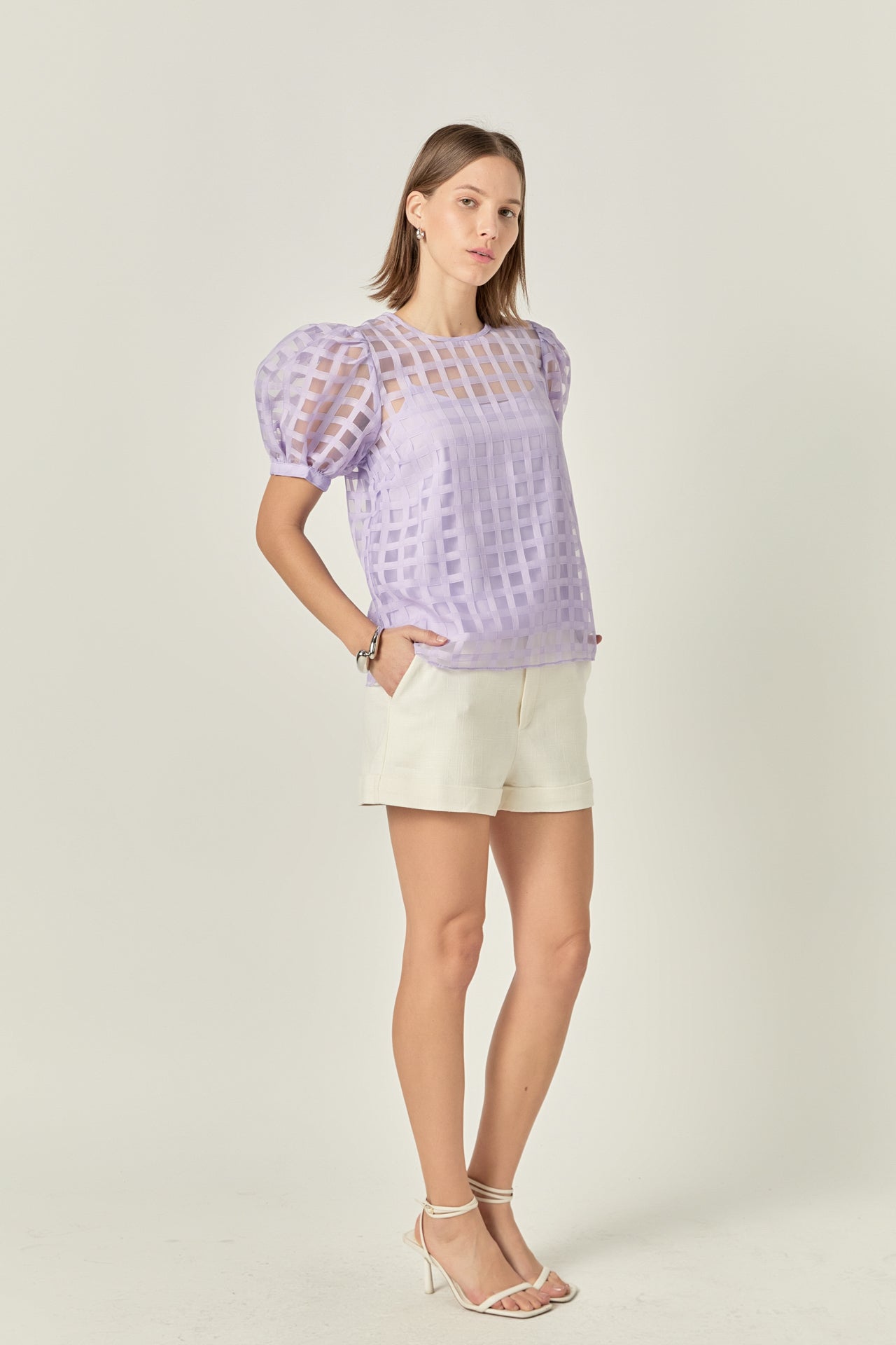 ENGLISH FACTORY - Plaid Sheer Puff Sleeve Top - TOPS available at Objectrare