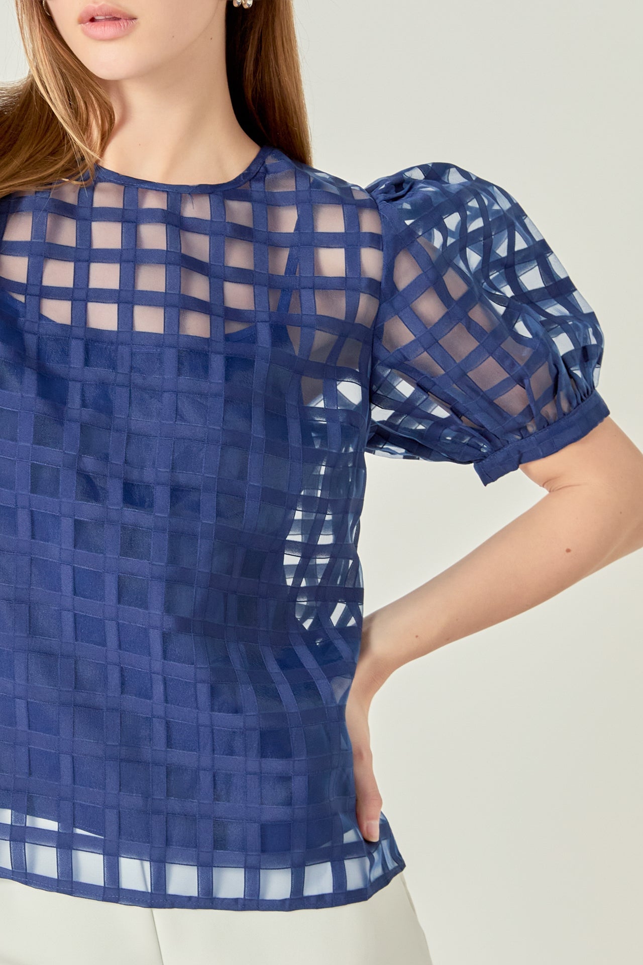 Puff Sleeve Plaid Sheer Top