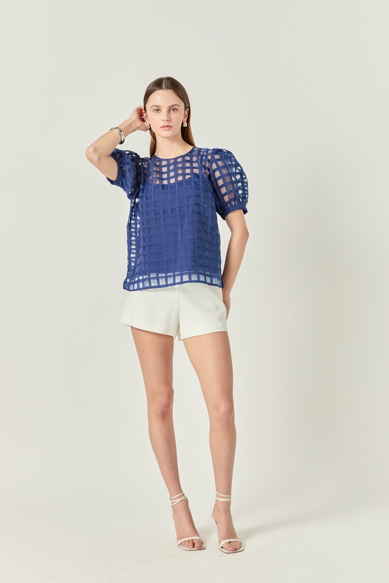 ENGLISH FACTORY - Plaid Sheer Puff Sleeve Top - TOPS available at Objectrare