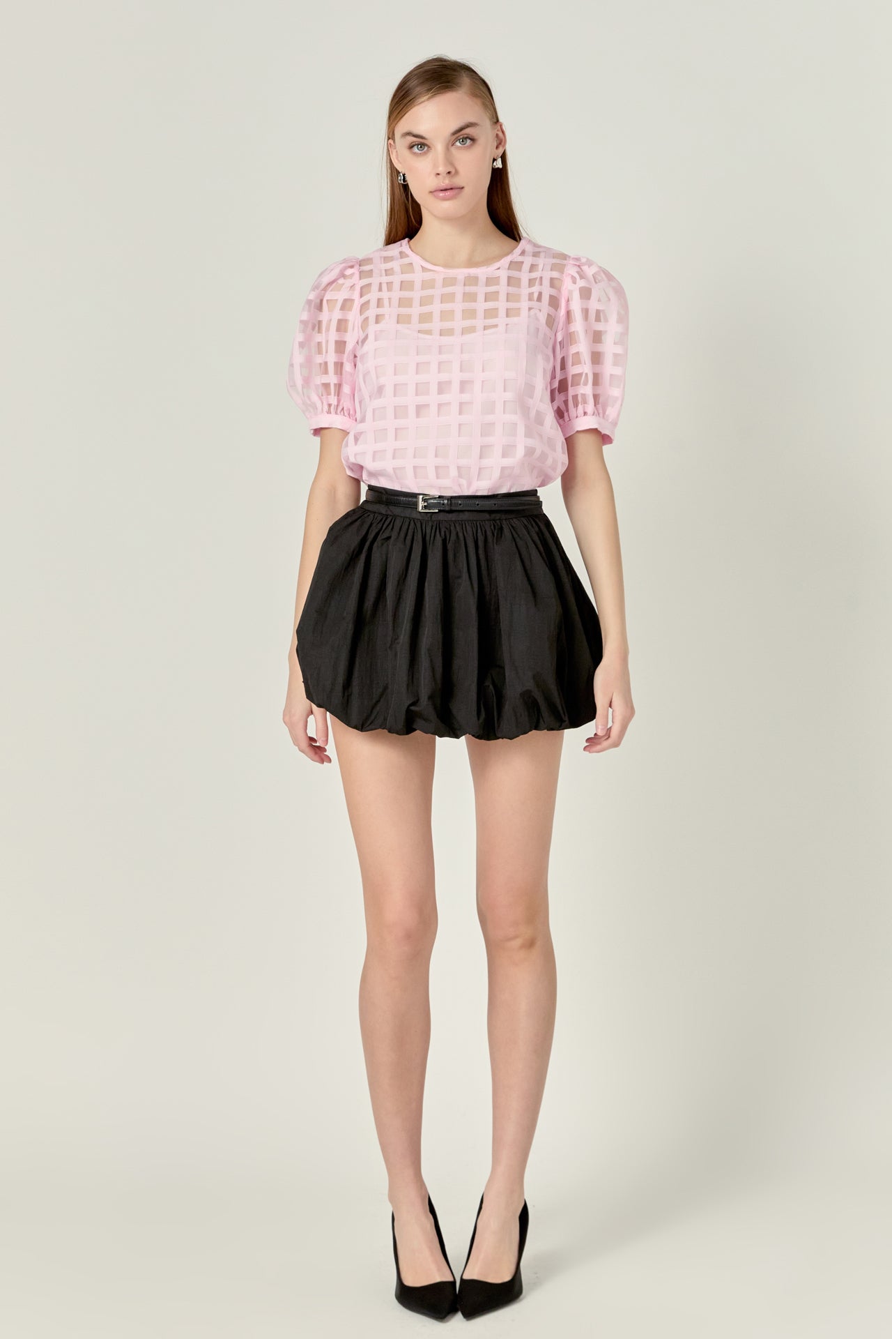 ENGLISH FACTORY - Plaid Sheer Puff Sleeve Top - TOPS available at Objectrare