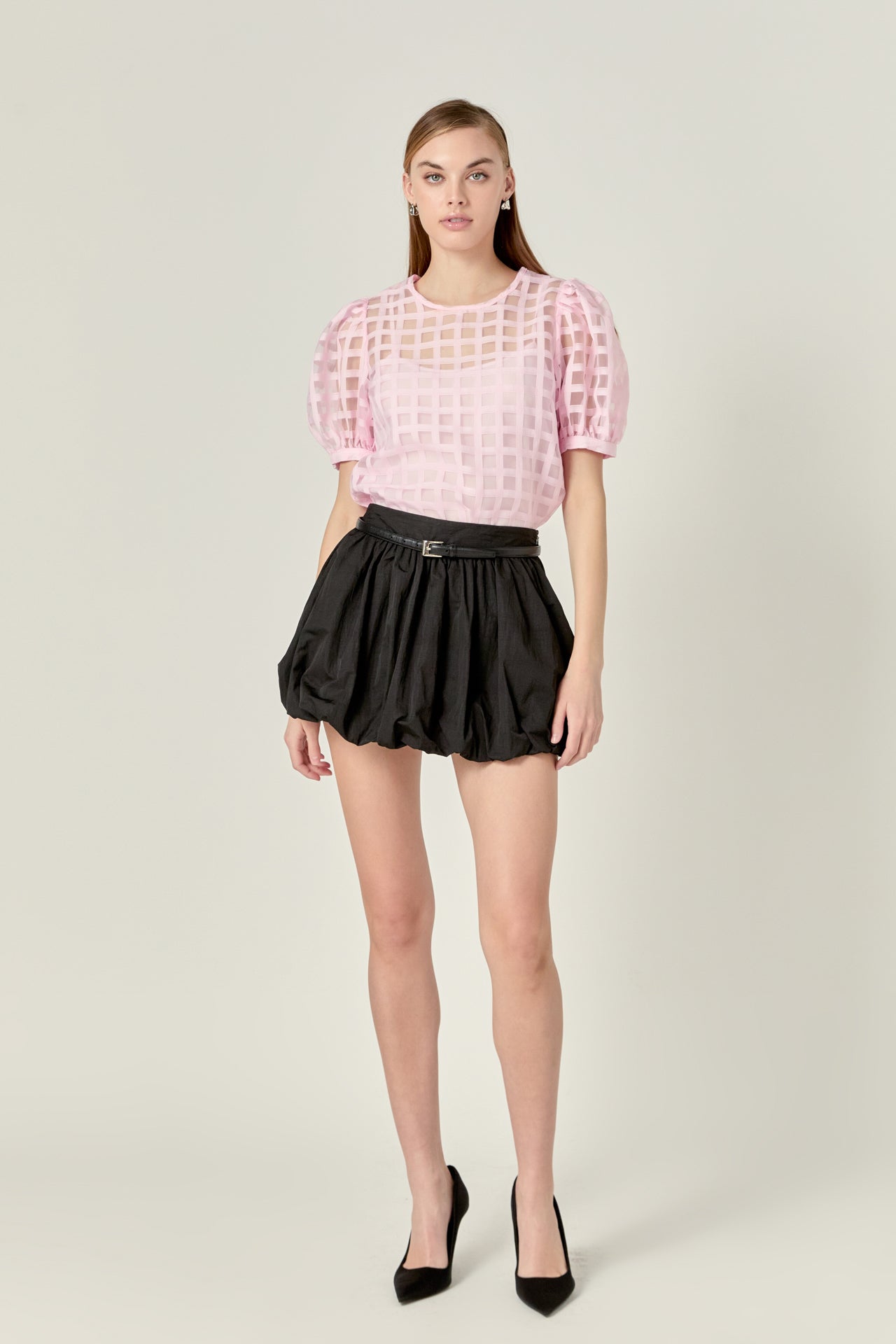 Plaid Sheer Puff Sleeve Top
