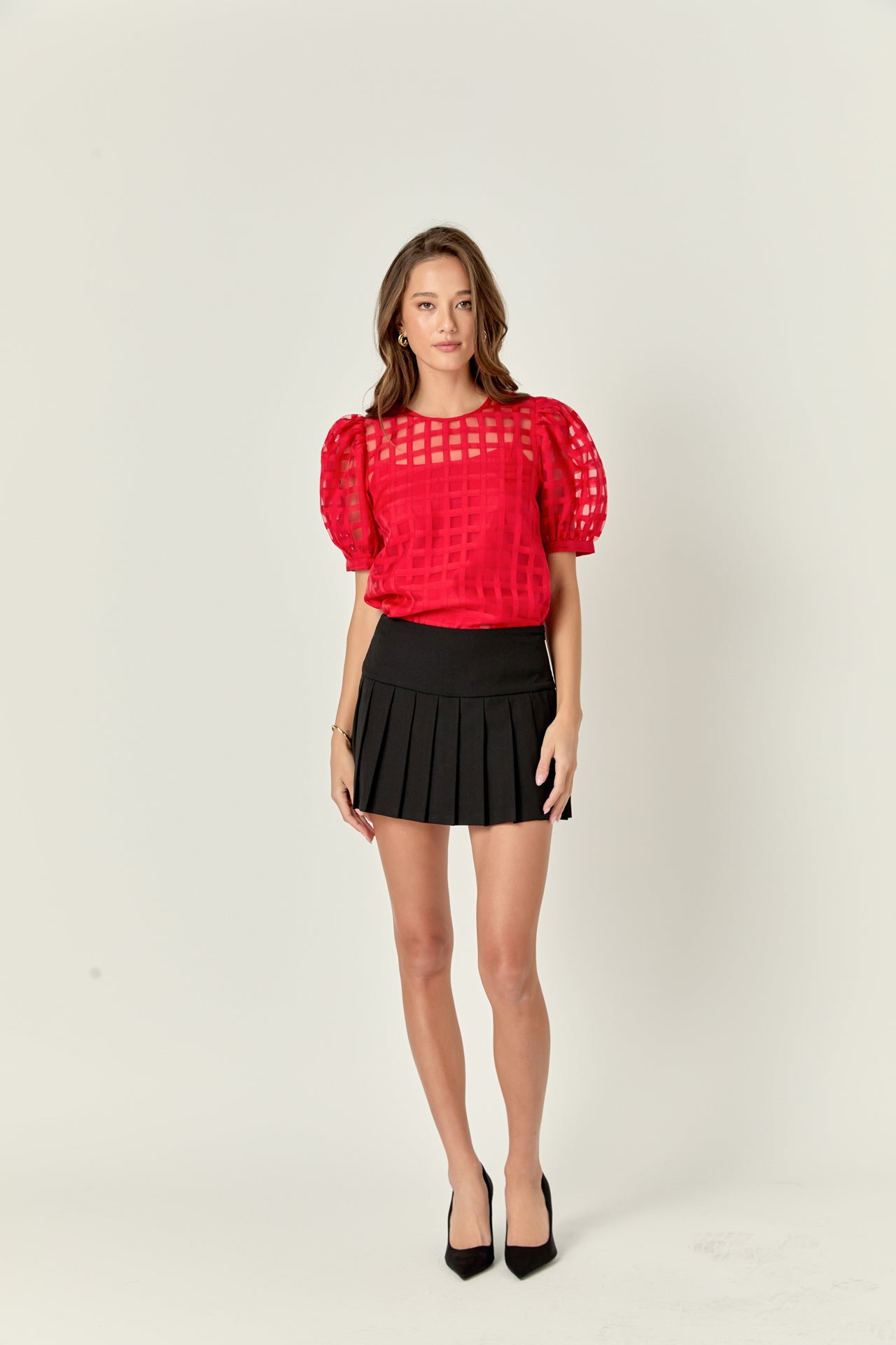 Plaid Sheer Puff Sleeve Top