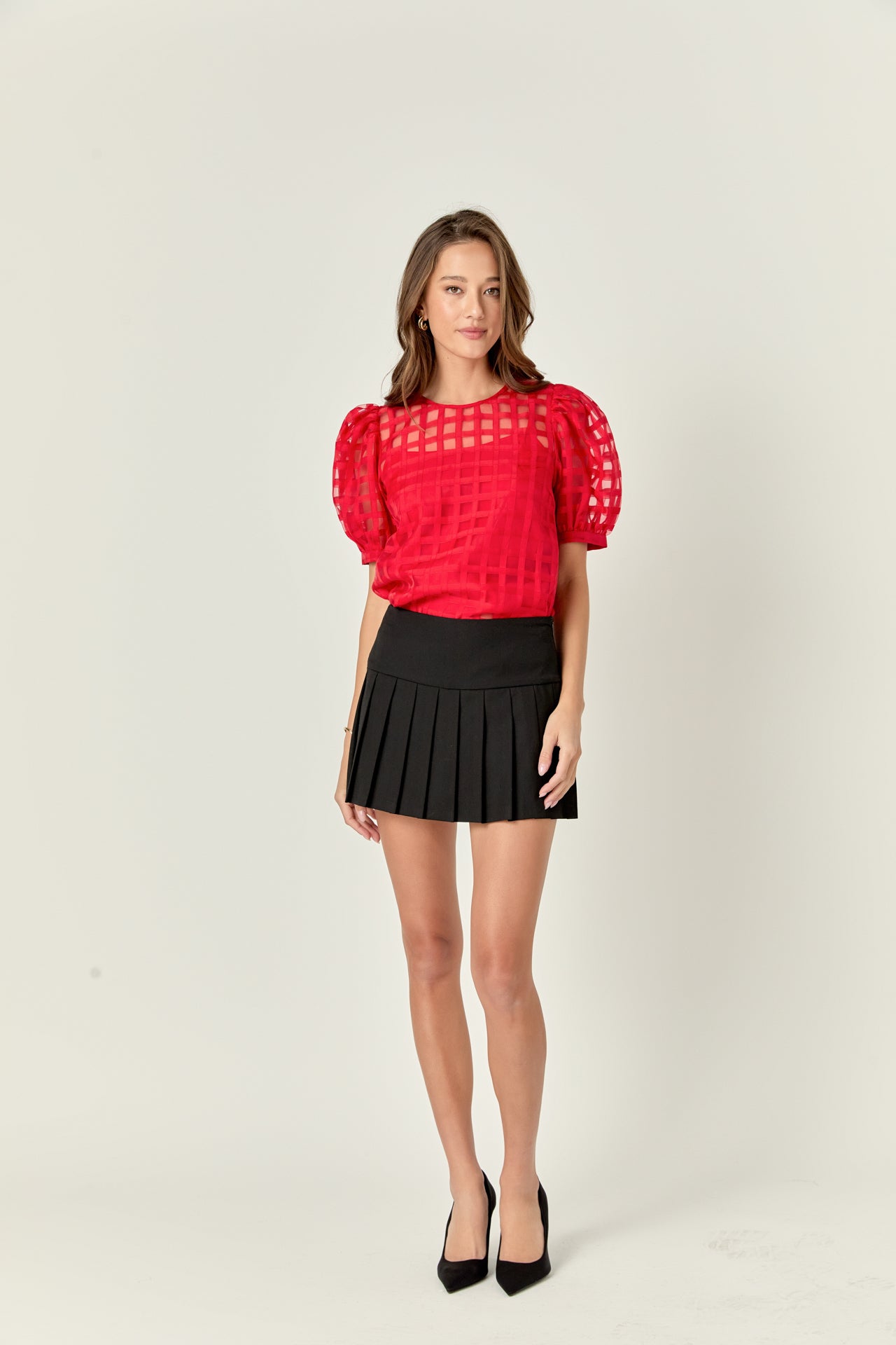 Plaid Sheer Puff Sleeve Top