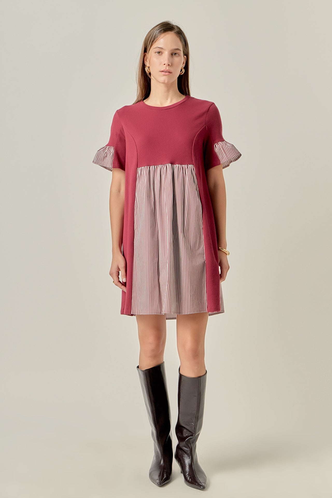 Knit Stripe Woven Mixed Dress Knit Stripe Woven Mixed Dress
