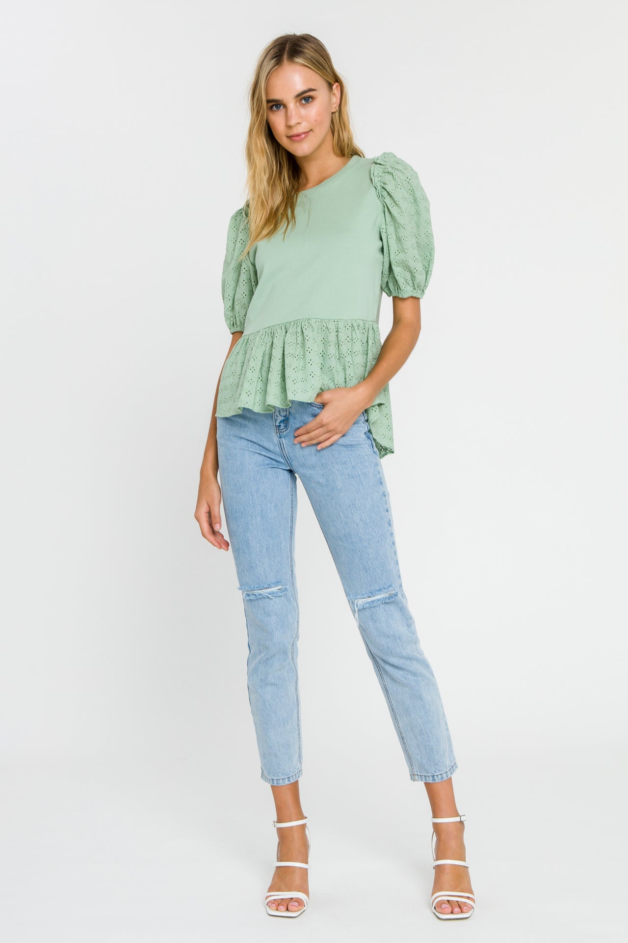 LA'VEN - Eyelet Combo Peplum Top - TOPS available at Objectrare