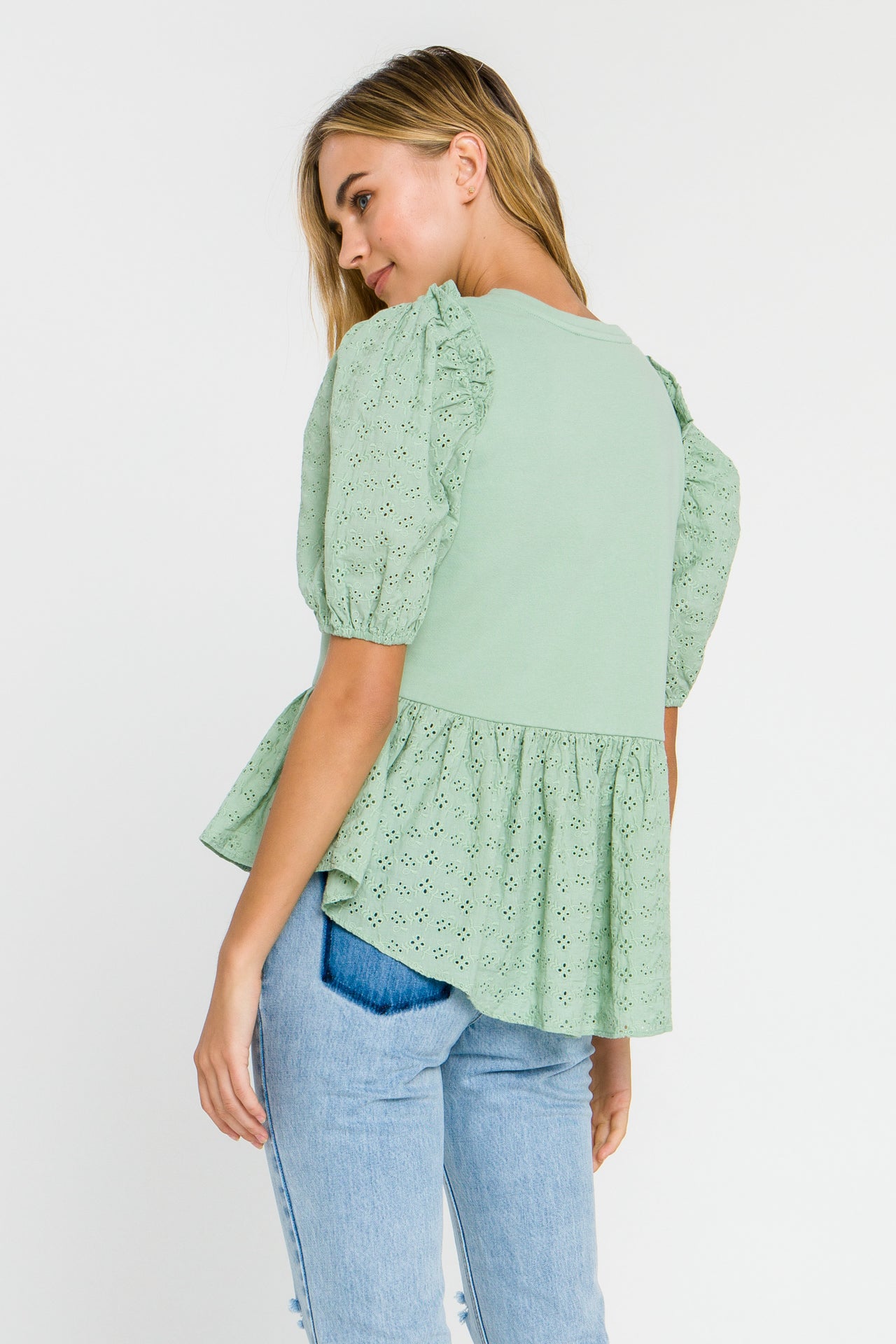 LA'VEN - Eyelet Combo Peplum Top - TOPS available at Objectrare