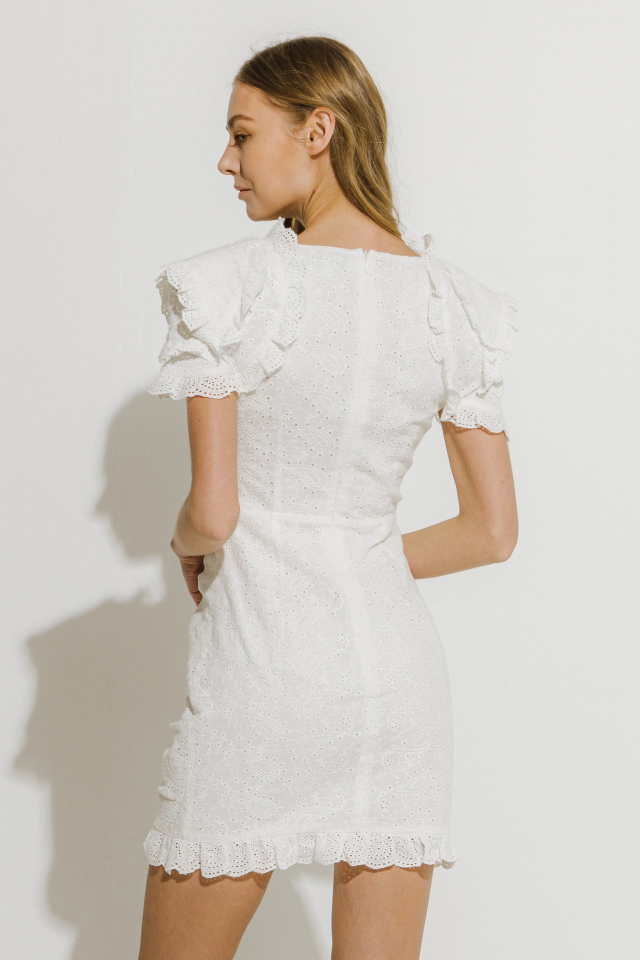 ENDLESS ROSE - Eyelet Fitted Mini Dress - DRESSES available at Objectrare