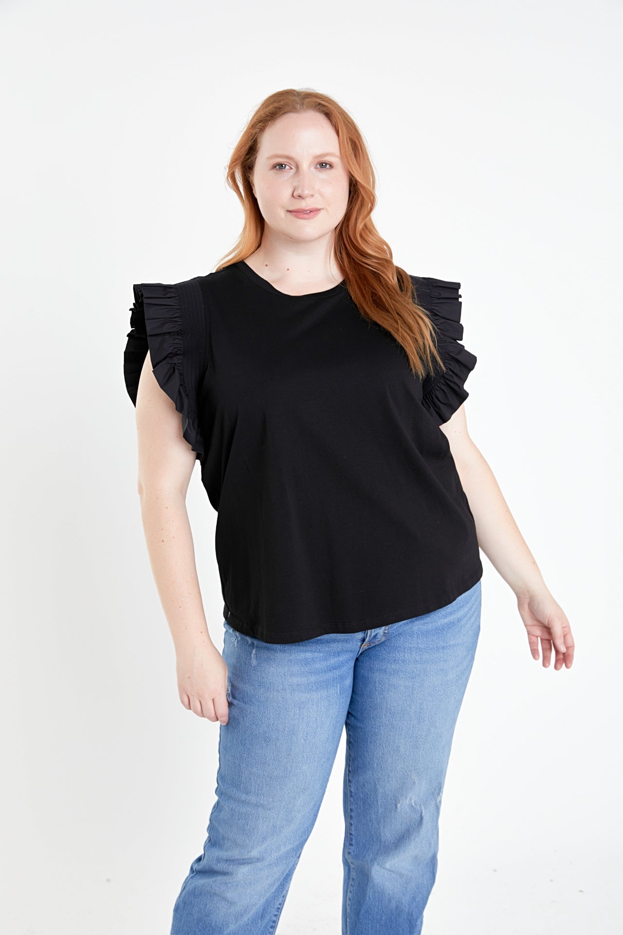 ENGLISH FACTORY - Plus Size Poplin Knit Mixed Ruffle Detail Top - TOPS available at Objectrare