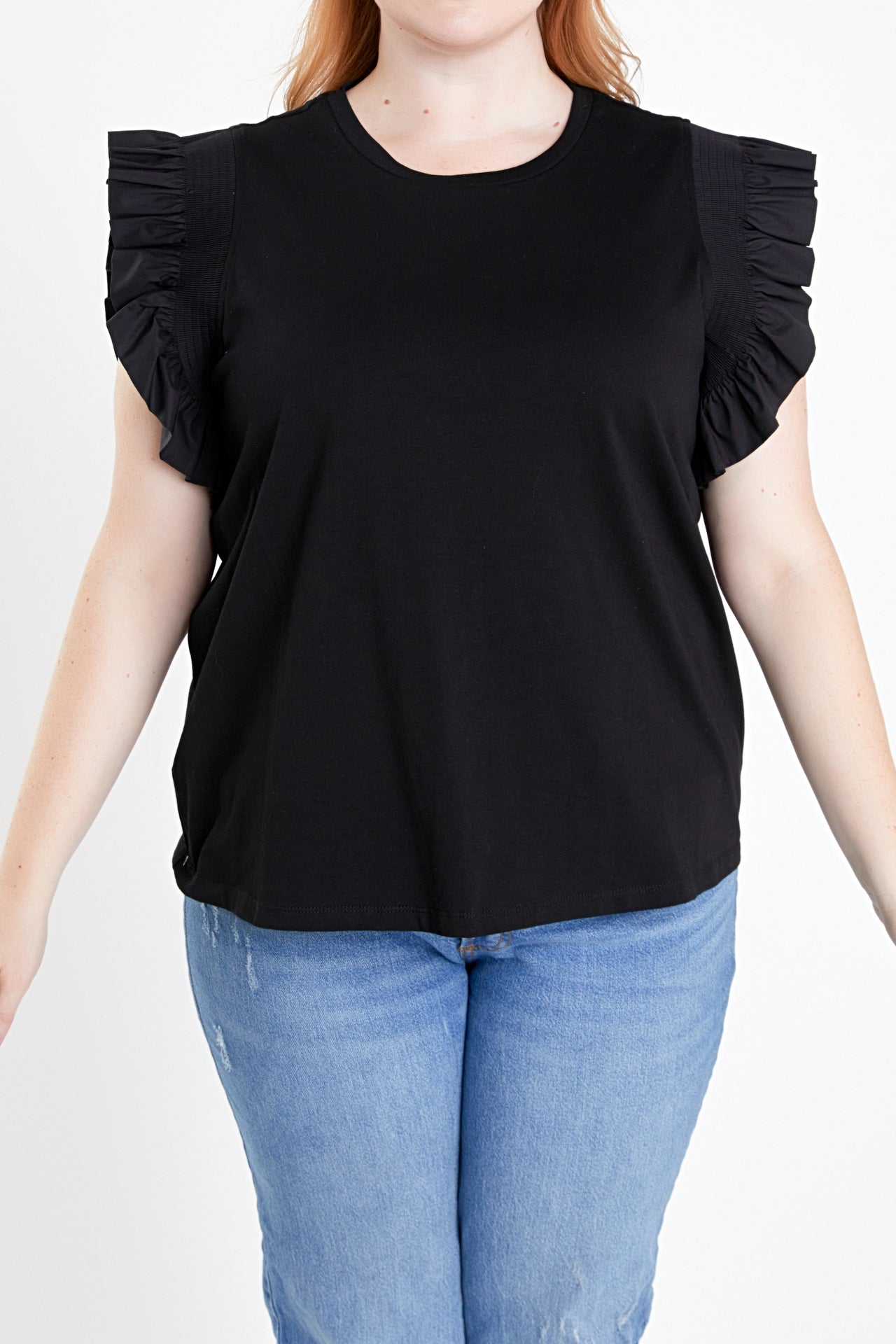 ENGLISH FACTORY - Plus Size Poplin Knit Mixed Ruffle Detail Top - TOPS available at Objectrare