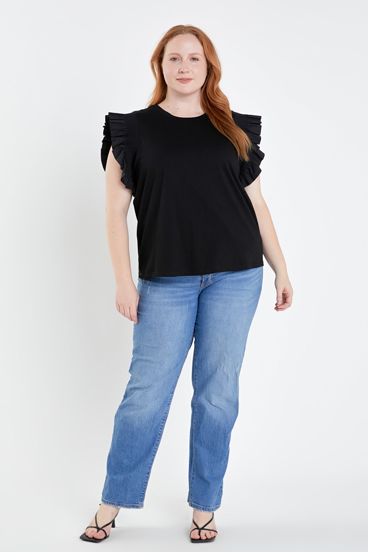 ENGLISH FACTORY - Plus Size Poplin Knit Mixed Ruffle Detail Top - TOPS available at Objectrare