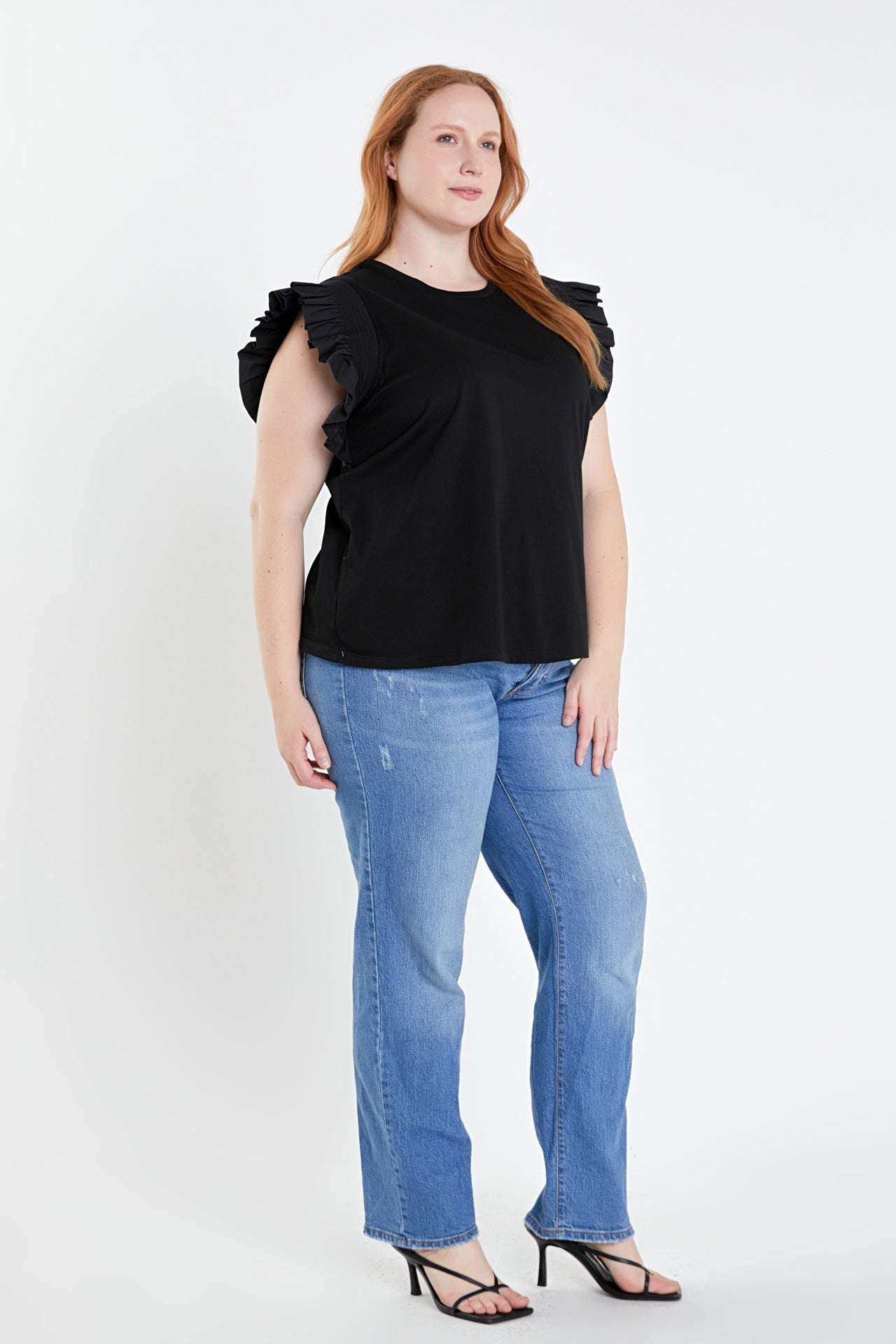 ENGLISH FACTORY - Plus Size Poplin Knit Mixed Ruffle Detail Top - TOPS available at Objectrare