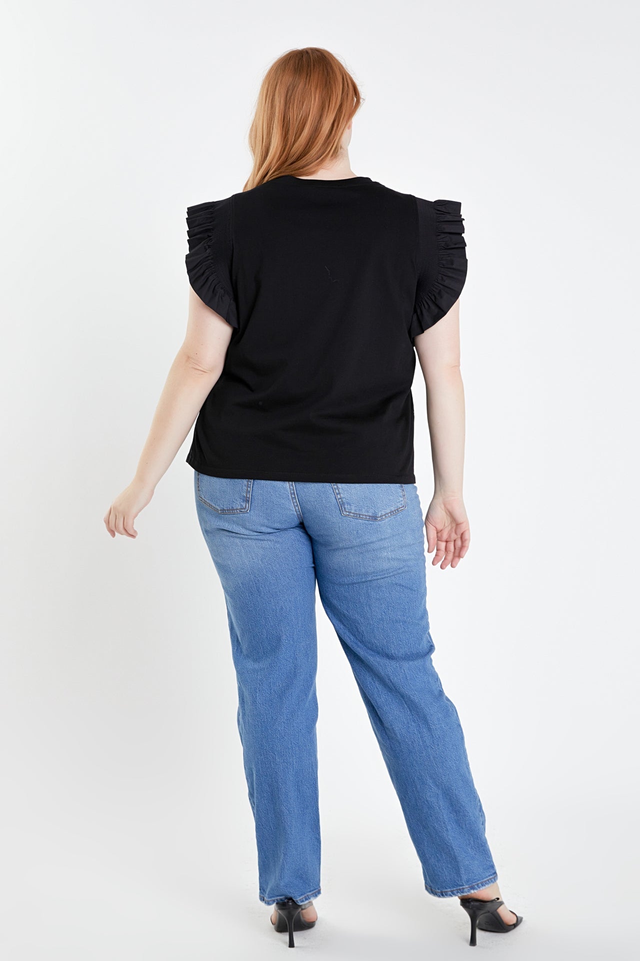 ENGLISH FACTORY - Plus Size Poplin Knit Mixed Ruffle Detail Top - TOPS available at Objectrare