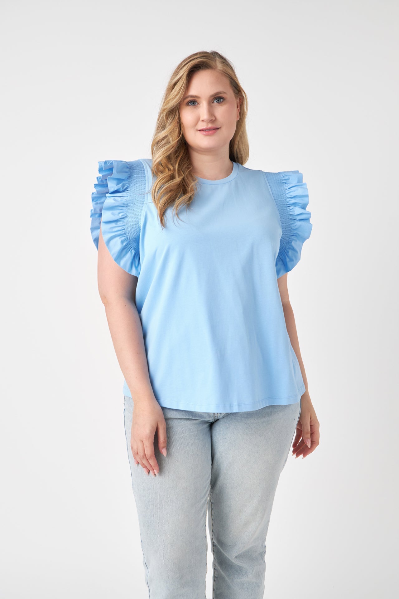 ENGLISH FACTORY - Plus Size Poplin Knit Mixed Ruffle Detail Top - TOPS available at Objectrare