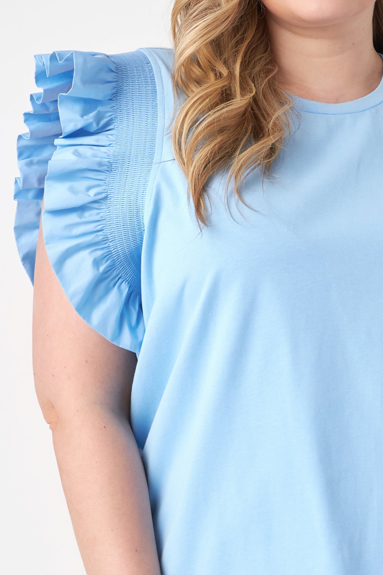 ENGLISH FACTORY - Plus Size Poplin Knit Mixed Ruffle Detail Top - TOPS available at Objectrare