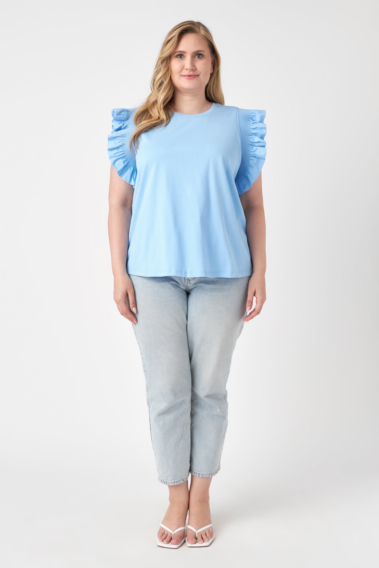 ENGLISH FACTORY - Plus Size Poplin Knit Mixed Ruffle Detail Top - TOPS available at Objectrare