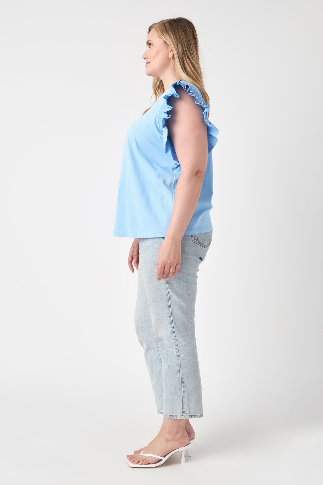 ENGLISH FACTORY - Plus Size Poplin Knit Mixed Ruffle Detail Top - TOPS available at Objectrare