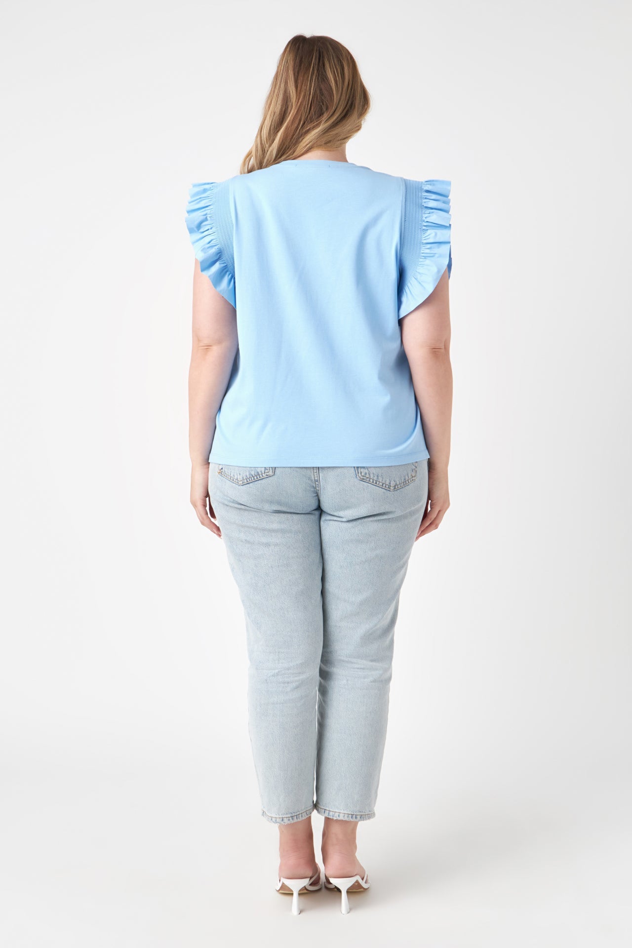 ENGLISH FACTORY - Plus Size Poplin Knit Mixed Ruffle Detail Top - TOPS available at Objectrare