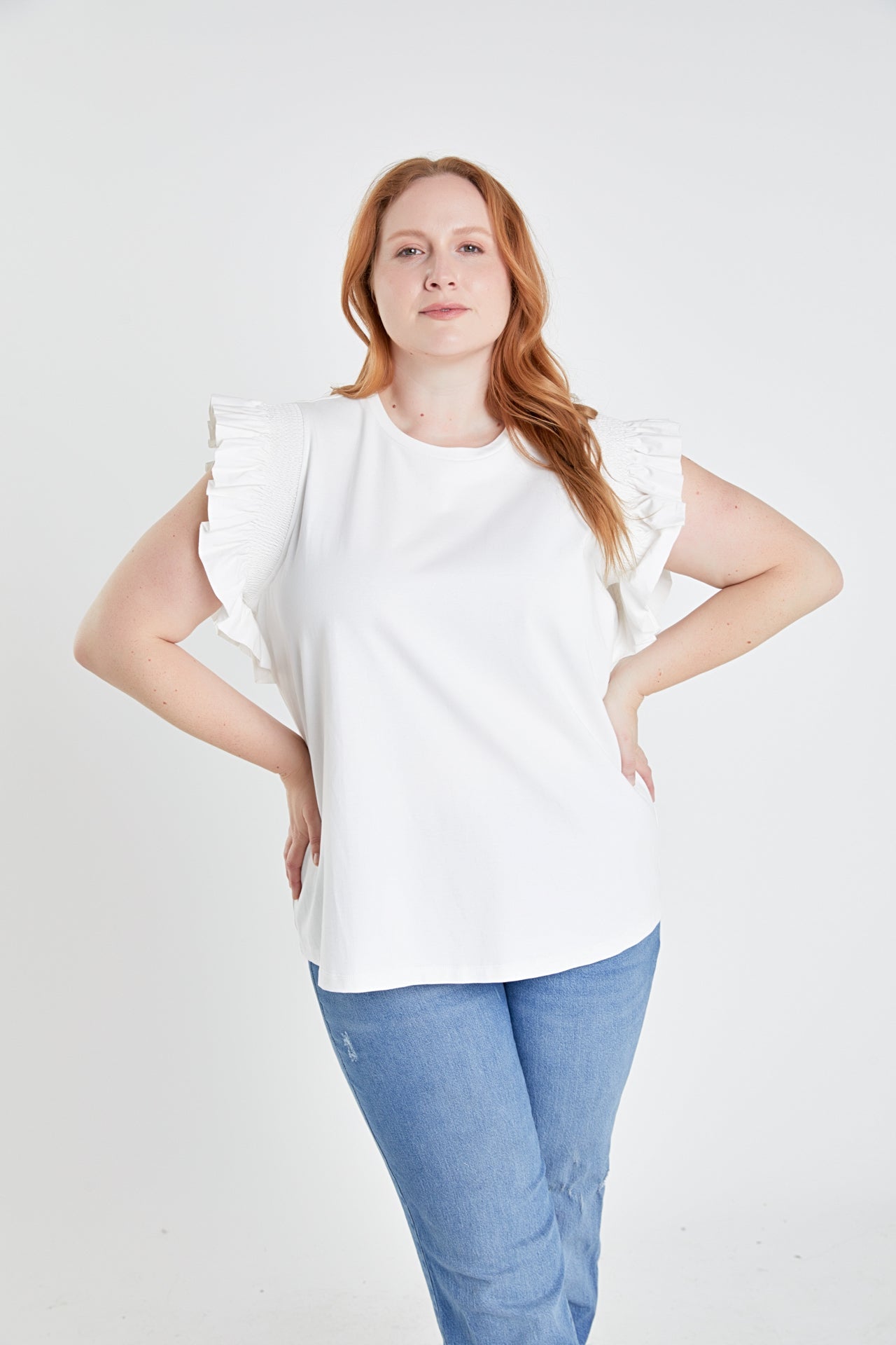 ENGLISH FACTORY - Plus Size Poplin Knit Mixed Ruffle Detail Top - TOPS available at Objectrare