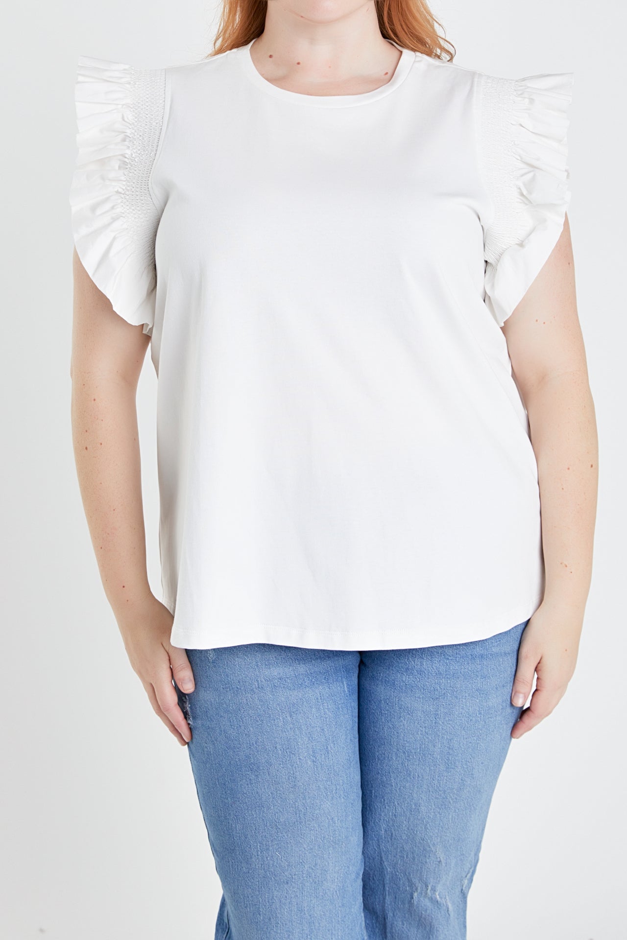 ENGLISH FACTORY - Plus Size Poplin Knit Mixed Ruffle Detail Top - TOPS available at Objectrare