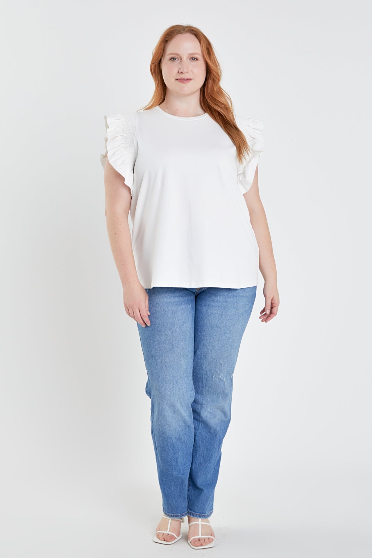 ENGLISH FACTORY - Plus Size Poplin Knit Mixed Ruffle Detail Top - TOPS available at Objectrare