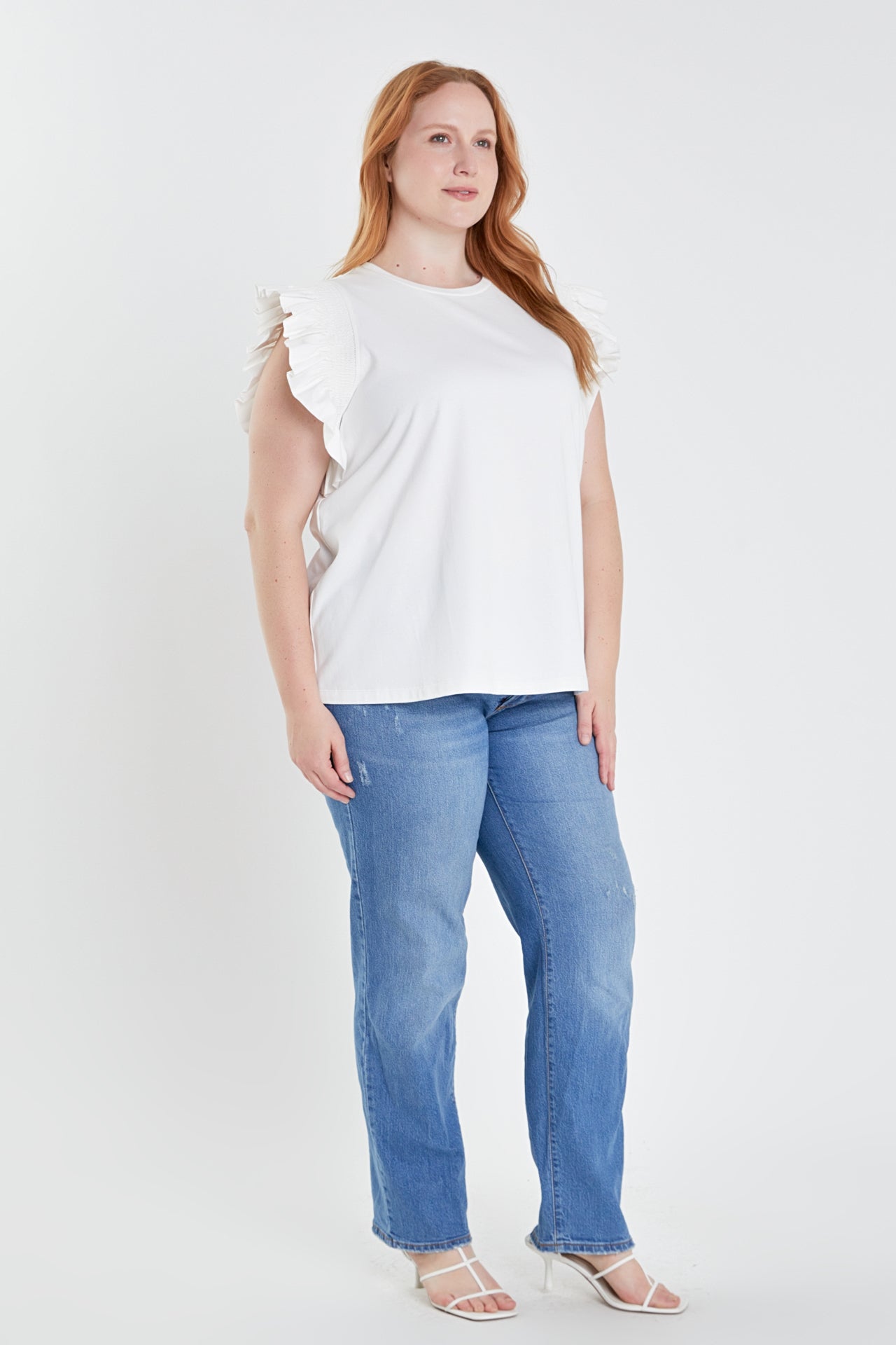 ENGLISH FACTORY - Plus Size Poplin Knit Mixed Ruffle Detail Top - TOPS available at Objectrare
