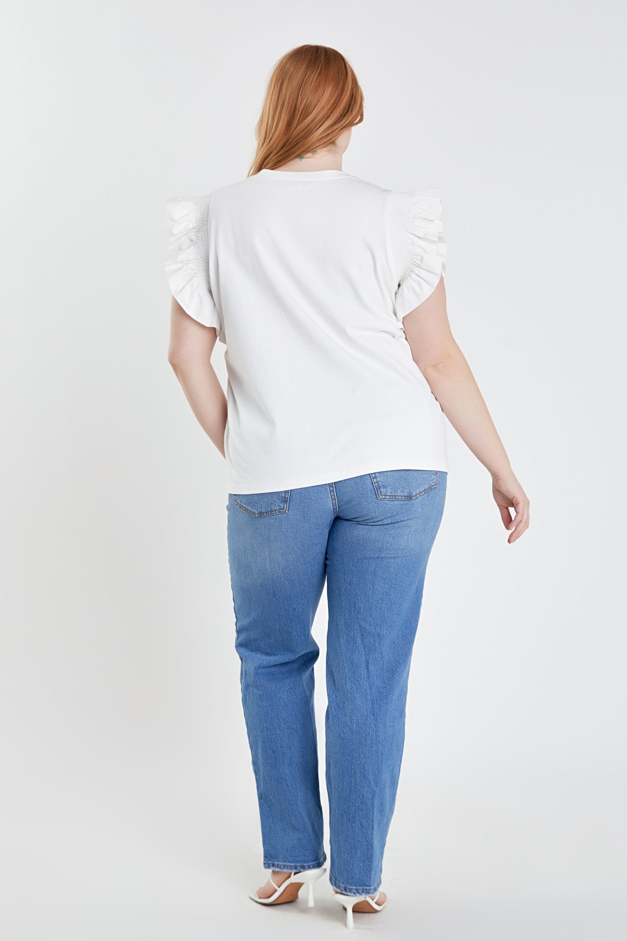 ENGLISH FACTORY - Plus Size Poplin Knit Mixed Ruffle Detail Top - TOPS available at Objectrare