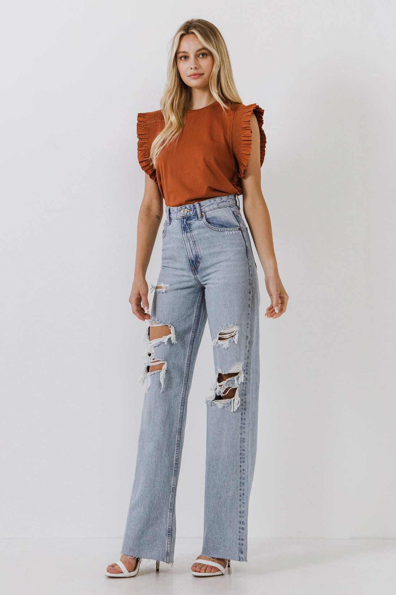 ENGLISH FACTORY - Poplin Knit Mixed Ruffle Detail Top - TOPS available at Objectrare