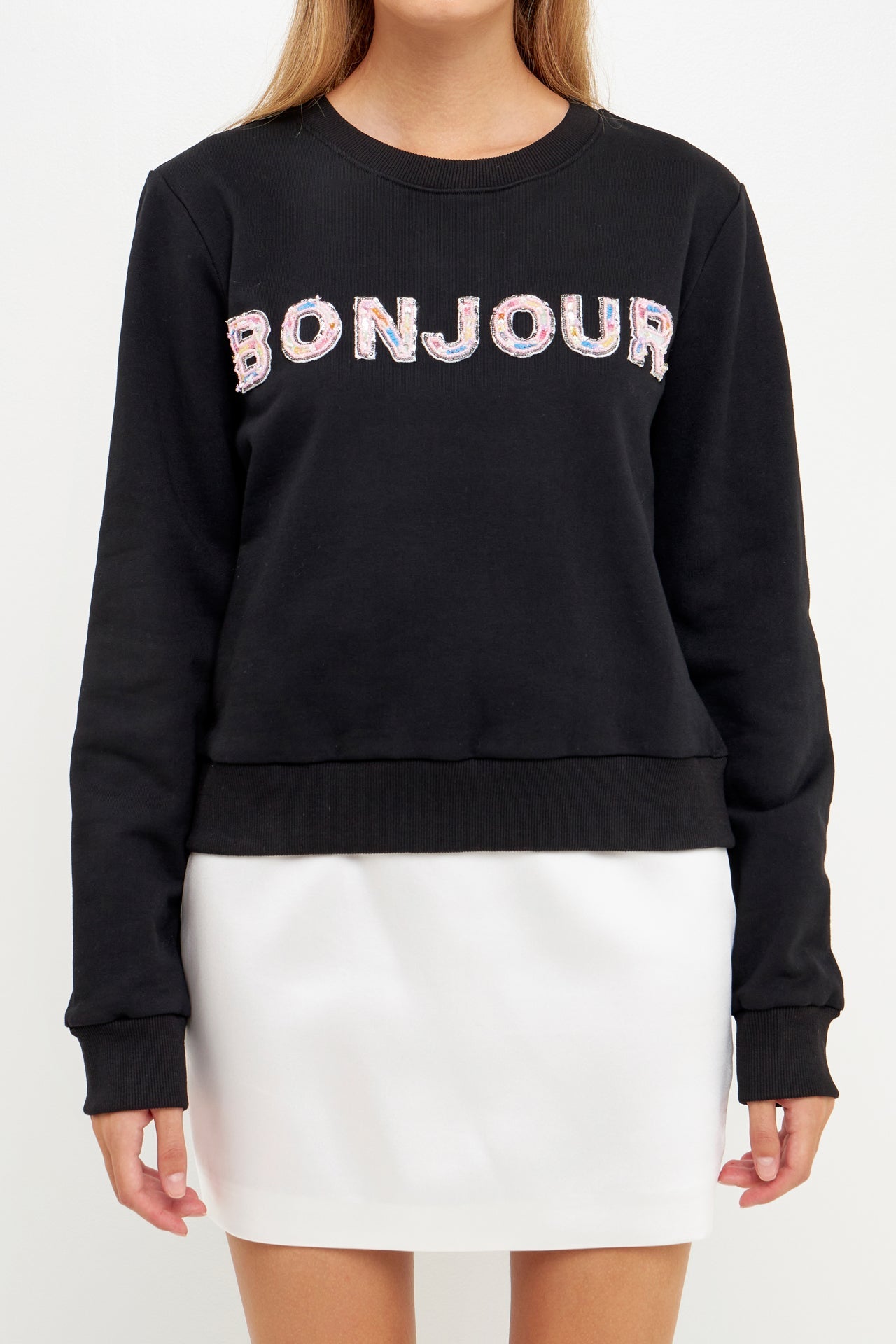ENDLESS ROSE - Bonjour Lettering Beads Sweatshirt - HOODIES & SWEATSHIRTS available at Objectrare