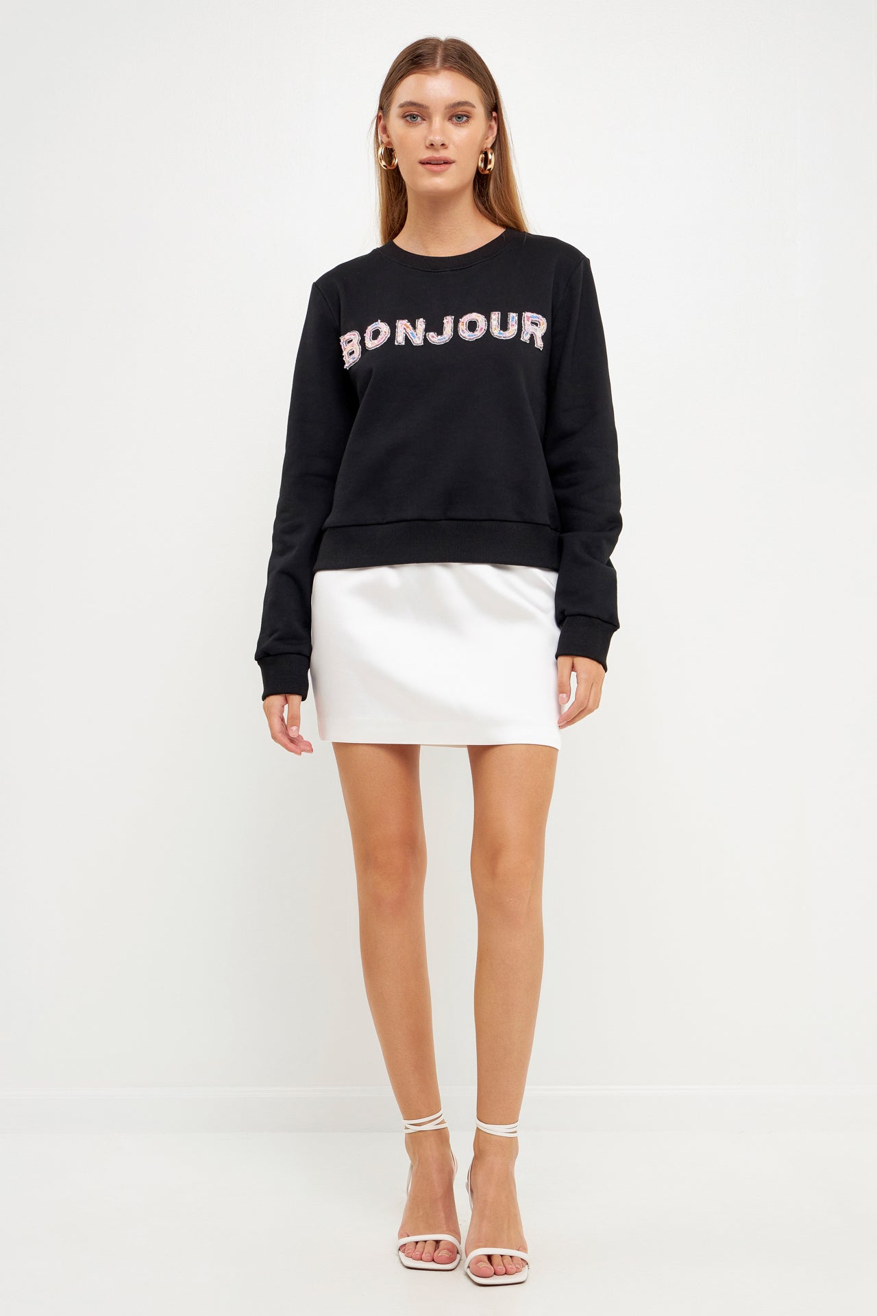 ENDLESS ROSE - Bonjour Lettering Beads Sweatshirt - HOODIES & SWEATSHIRTS available at Objectrare