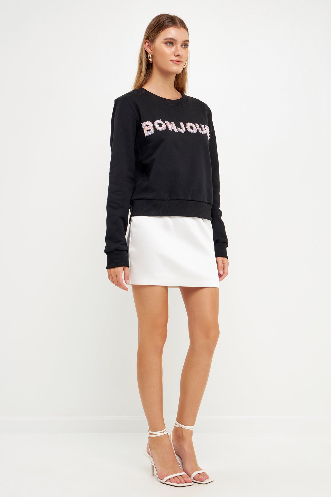 ENDLESS ROSE - Bonjour Lettering Beads Sweatshirt - HOODIES & SWEATSHIRTS available at Objectrare