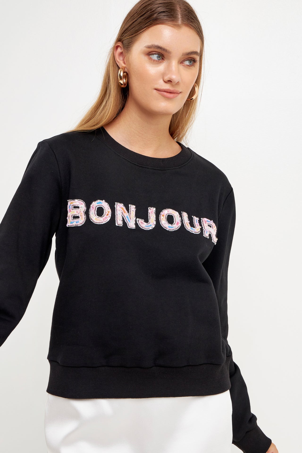 ENDLESS ROSE - Bonjour Lettering Beads Sweatshirt - HOODIES & SWEATSHIRTS available at Objectrare