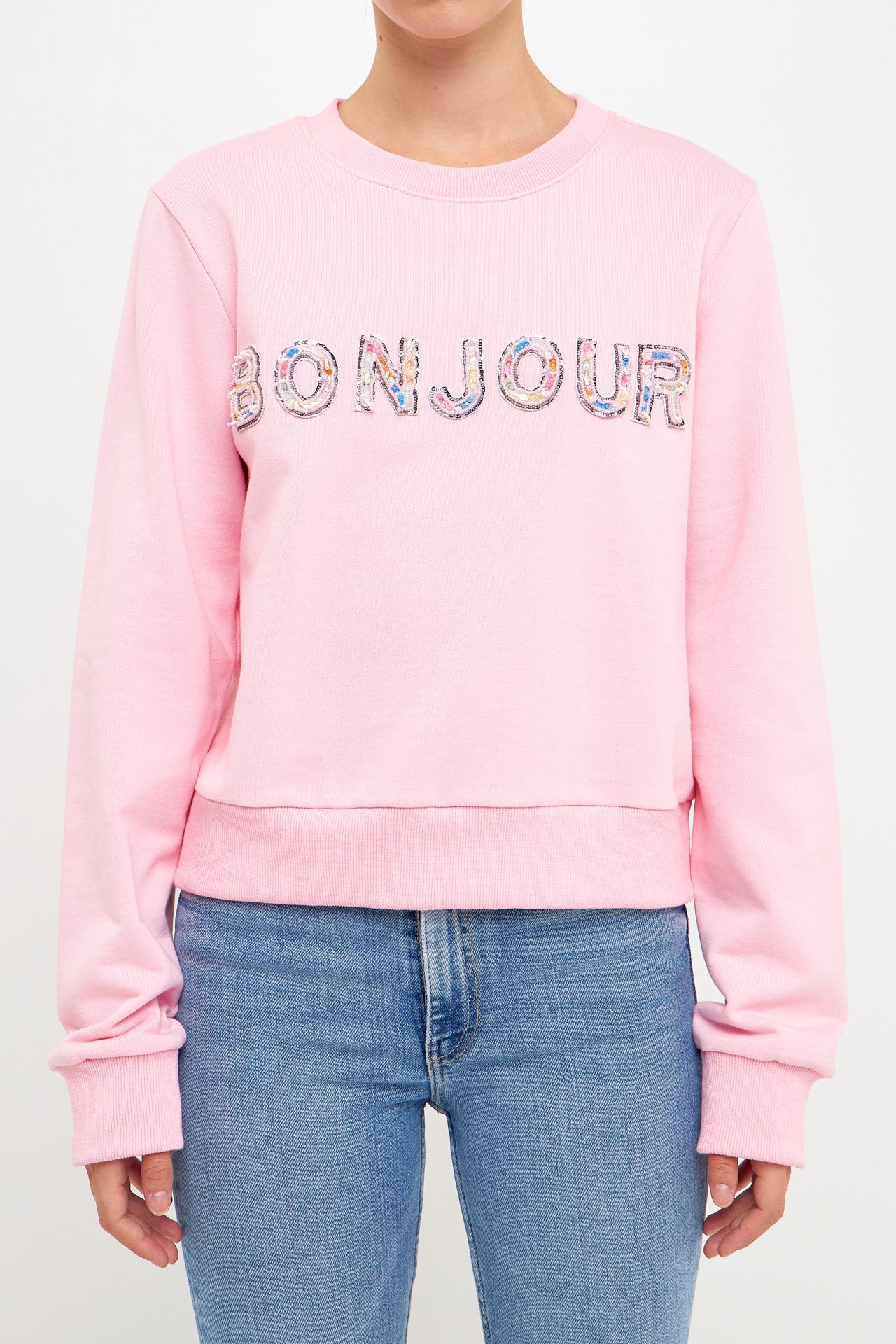ENDLESS ROSE - Bonjour Lettering Beads Sweatshirt - HOODIES & SWEATSHIRTS available at Objectrare