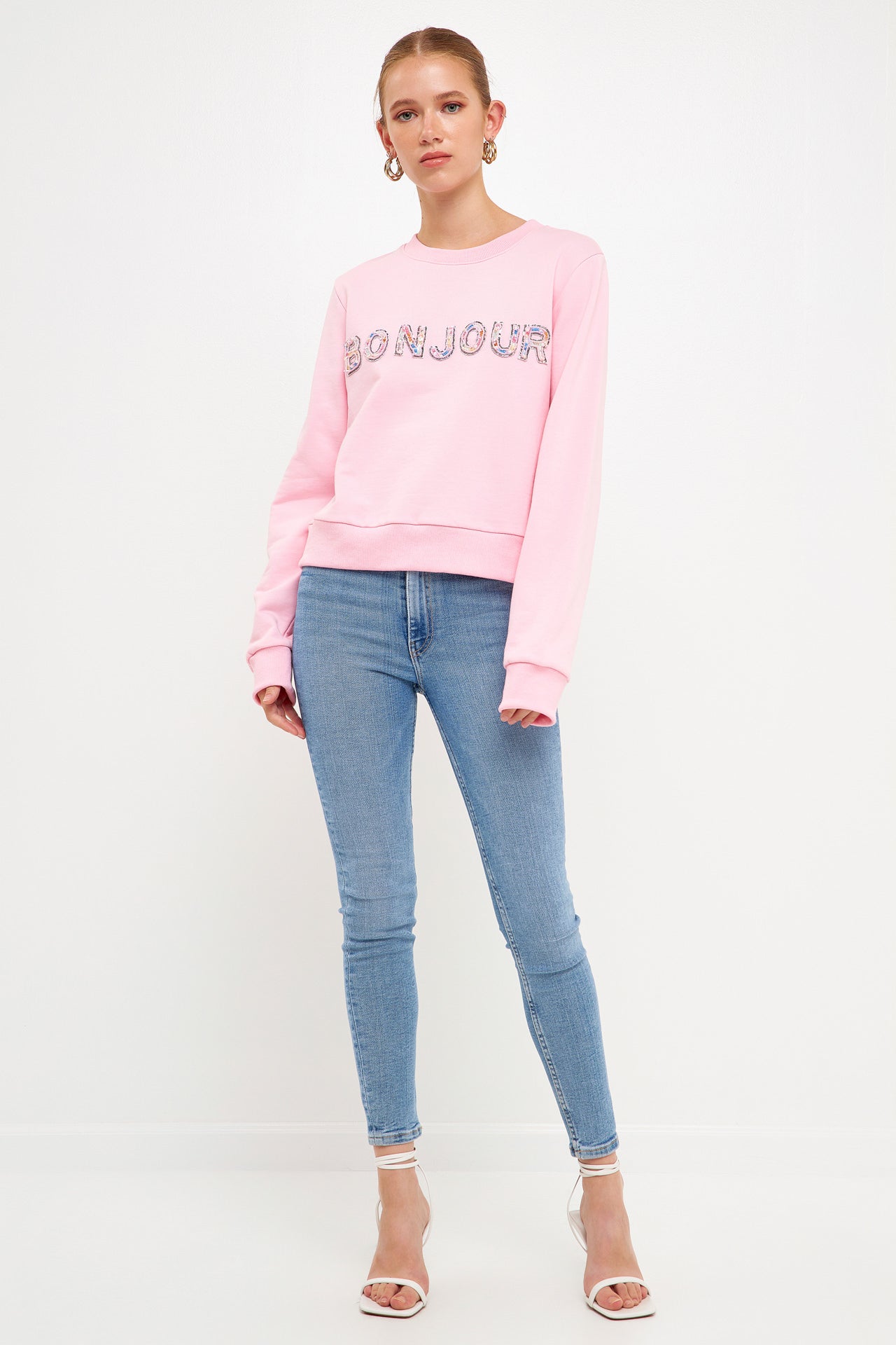 ENDLESS ROSE - Bonjour Lettering Beads Sweatshirt - HOODIES & SWEATSHIRTS available at Objectrare