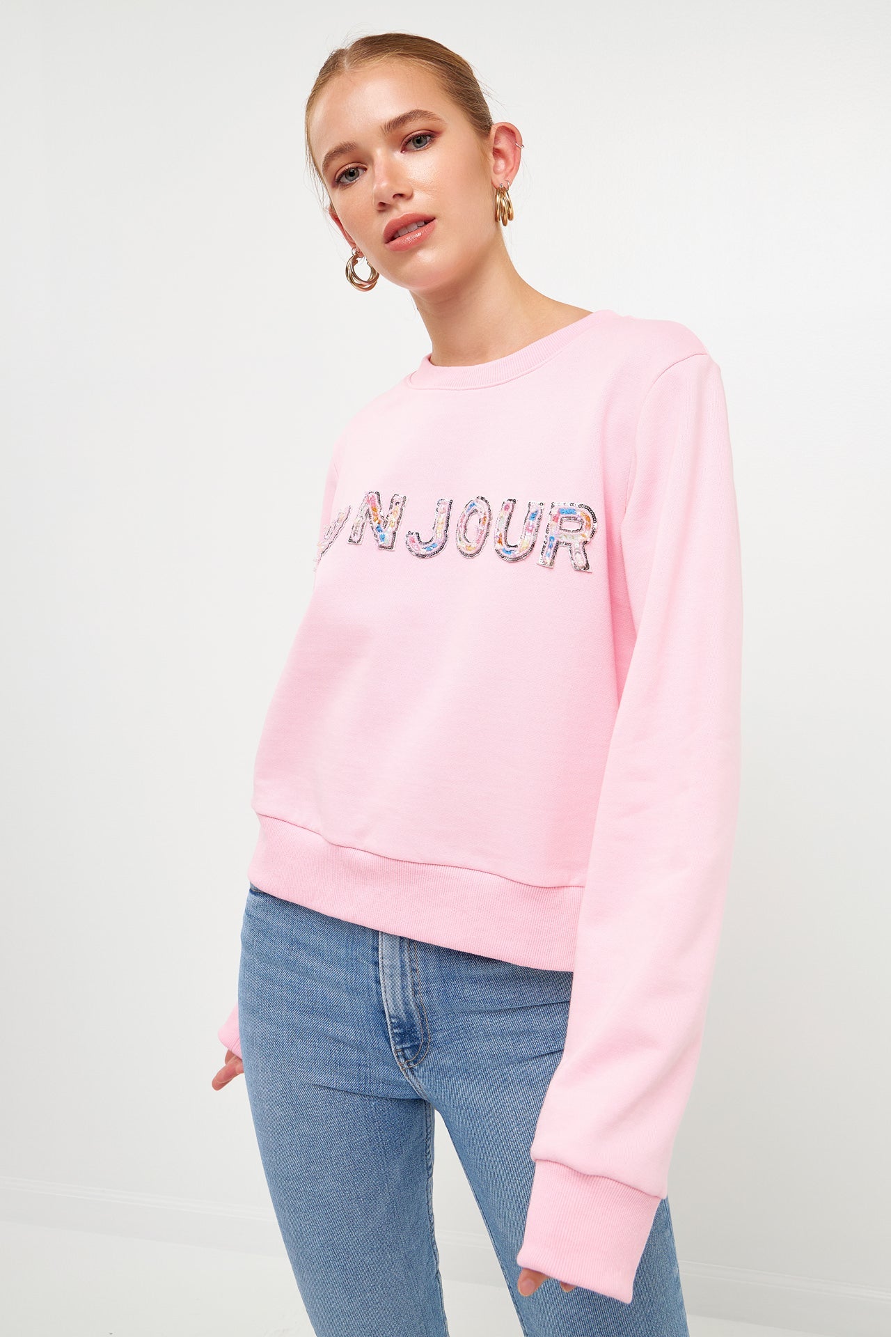 ENDLESS ROSE - Bonjour Lettering Beads Sweatshirt - HOODIES & SWEATSHIRTS available at Objectrare
