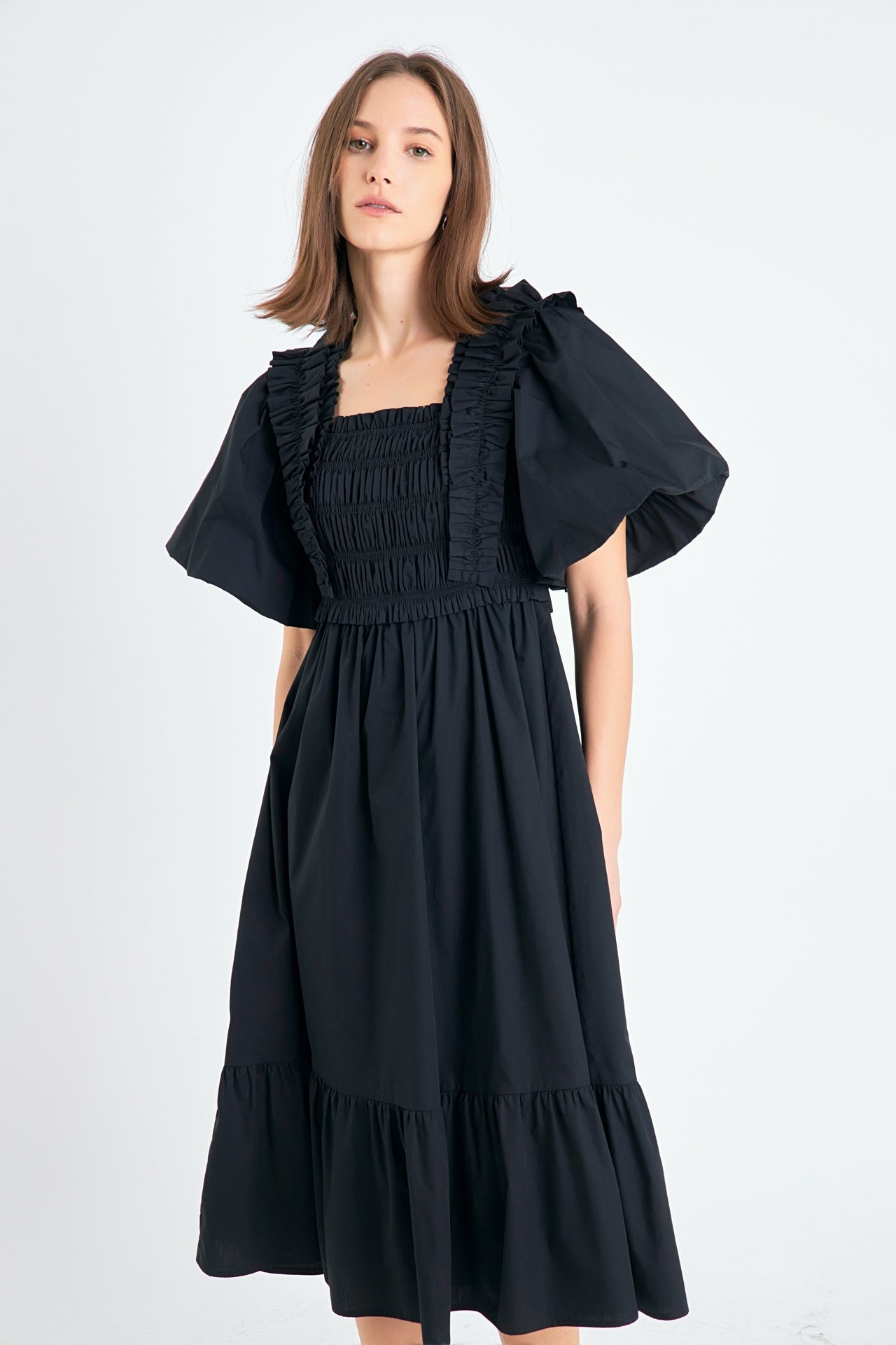 ENGLISH FACTORY - Puff Short Sleeve Square Neck Midi Dress - DRESSES available at Objectrare