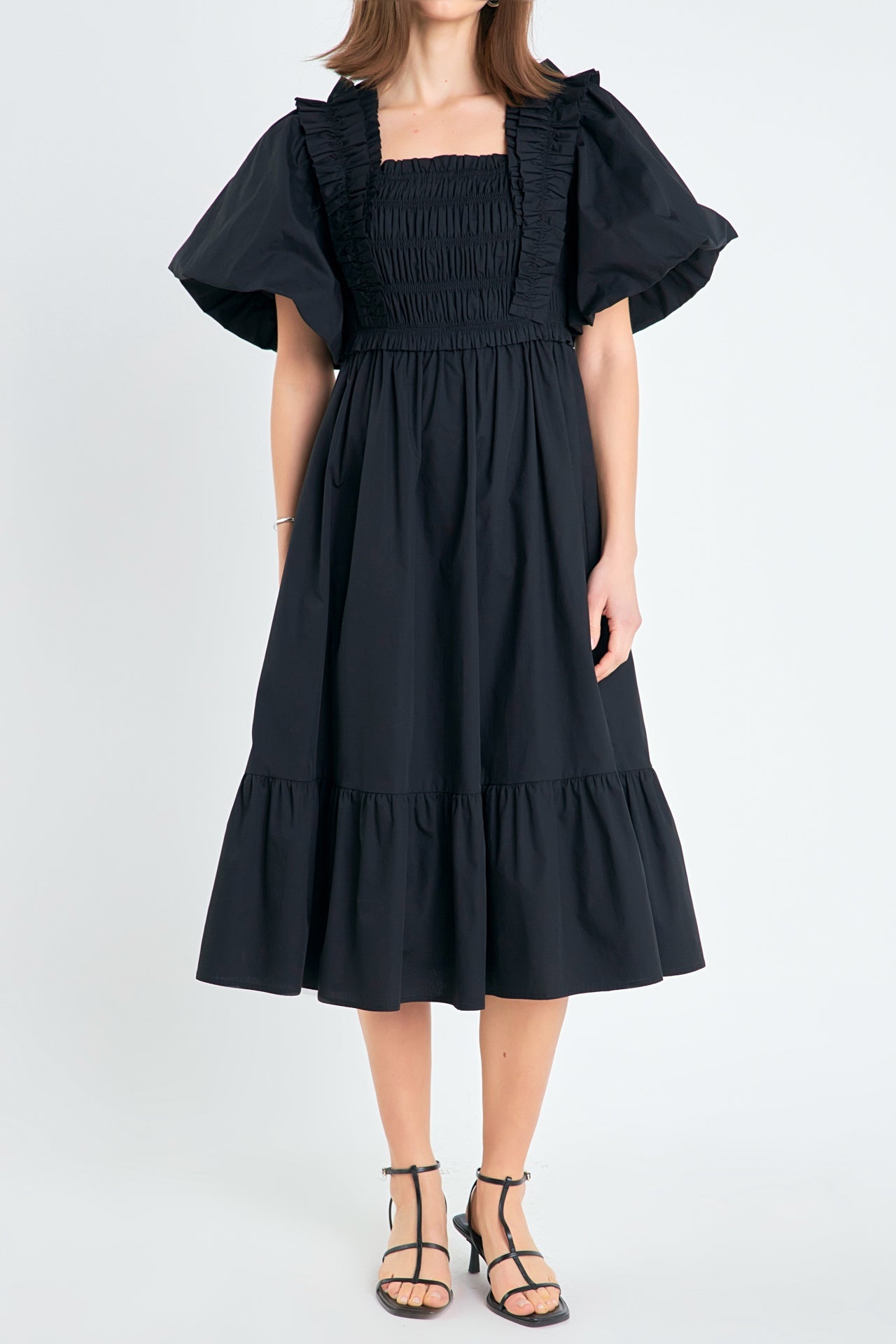 ENGLISH FACTORY - Puff Short Sleeve Square Neck Midi Dress - DRESSES available at Objectrare