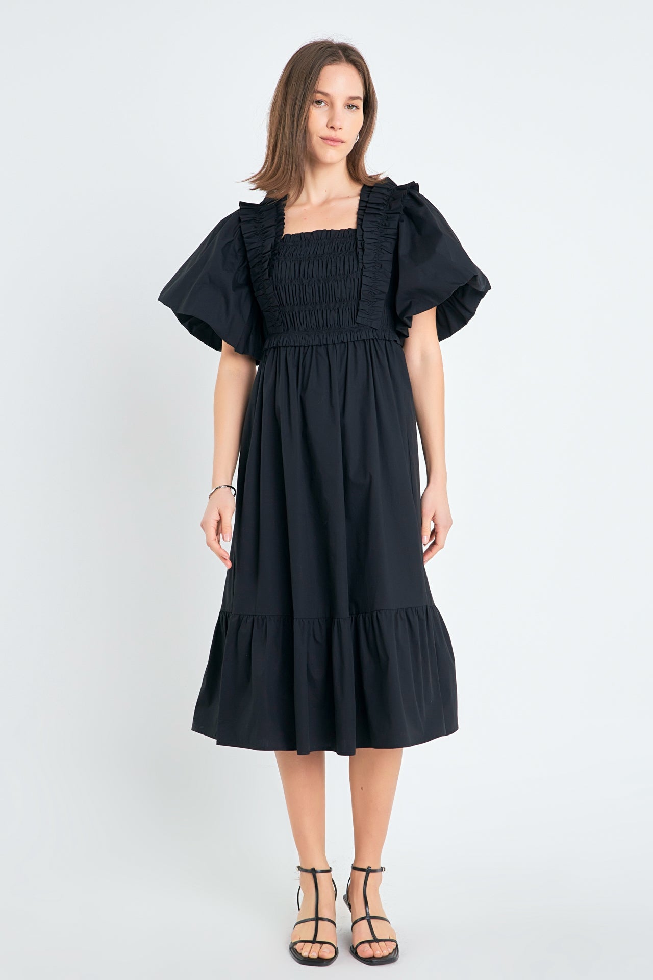 ENGLISH FACTORY - Puff Short Sleeve Square Neck Midi Dress - DRESSES available at Objectrare