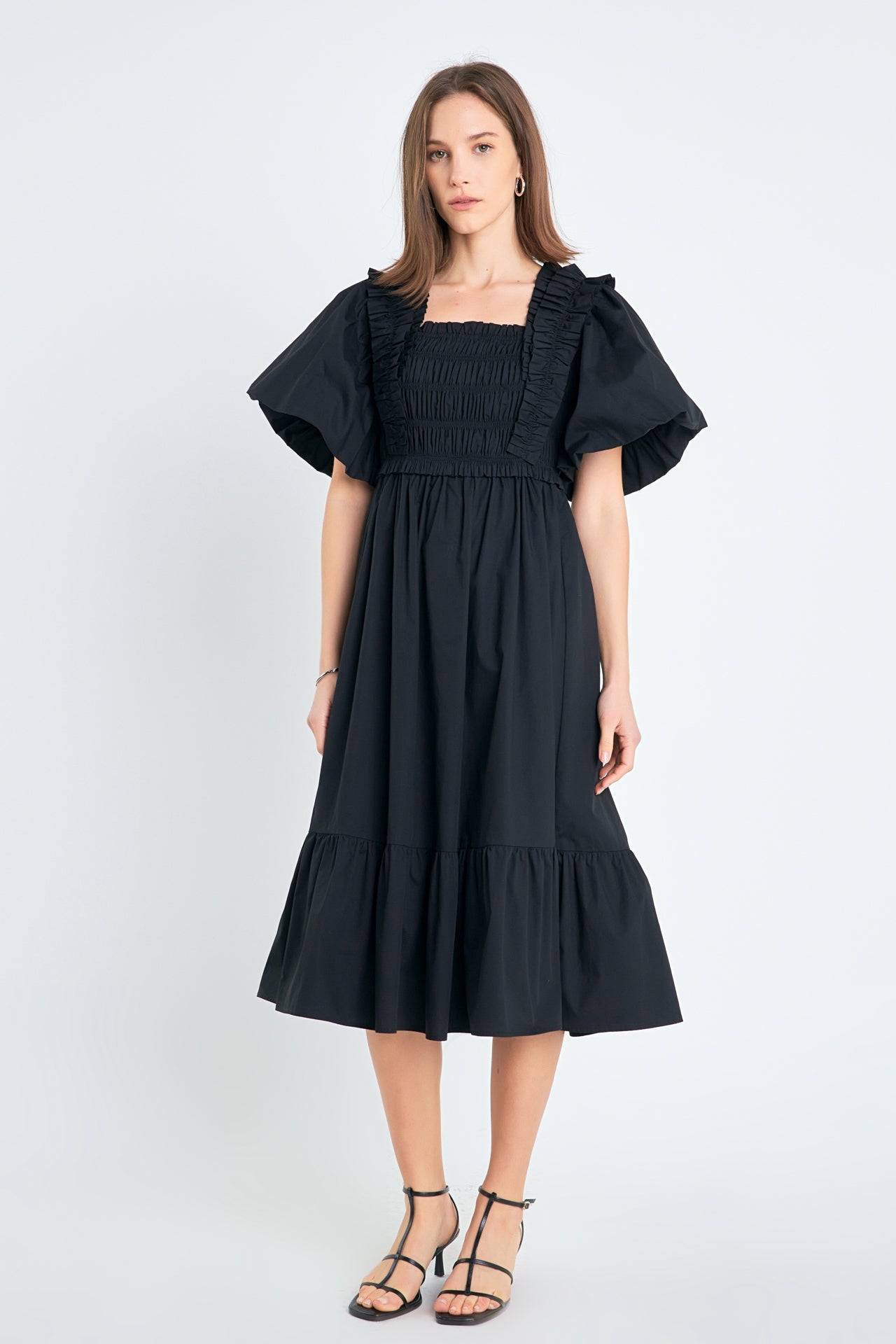 ENGLISH FACTORY - Puff Short Sleeve Square Neck Midi Dress - DRESSES available at Objectrare