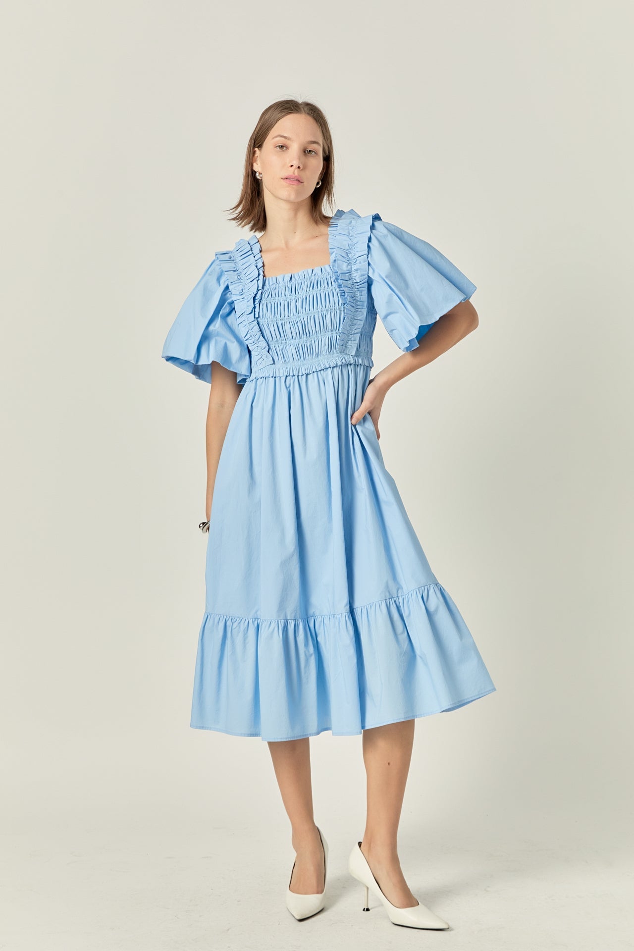 ENGLISH FACTORY - Puff Short Sleeve Square Neck Midi Dress - DRESSES available at Objectrare