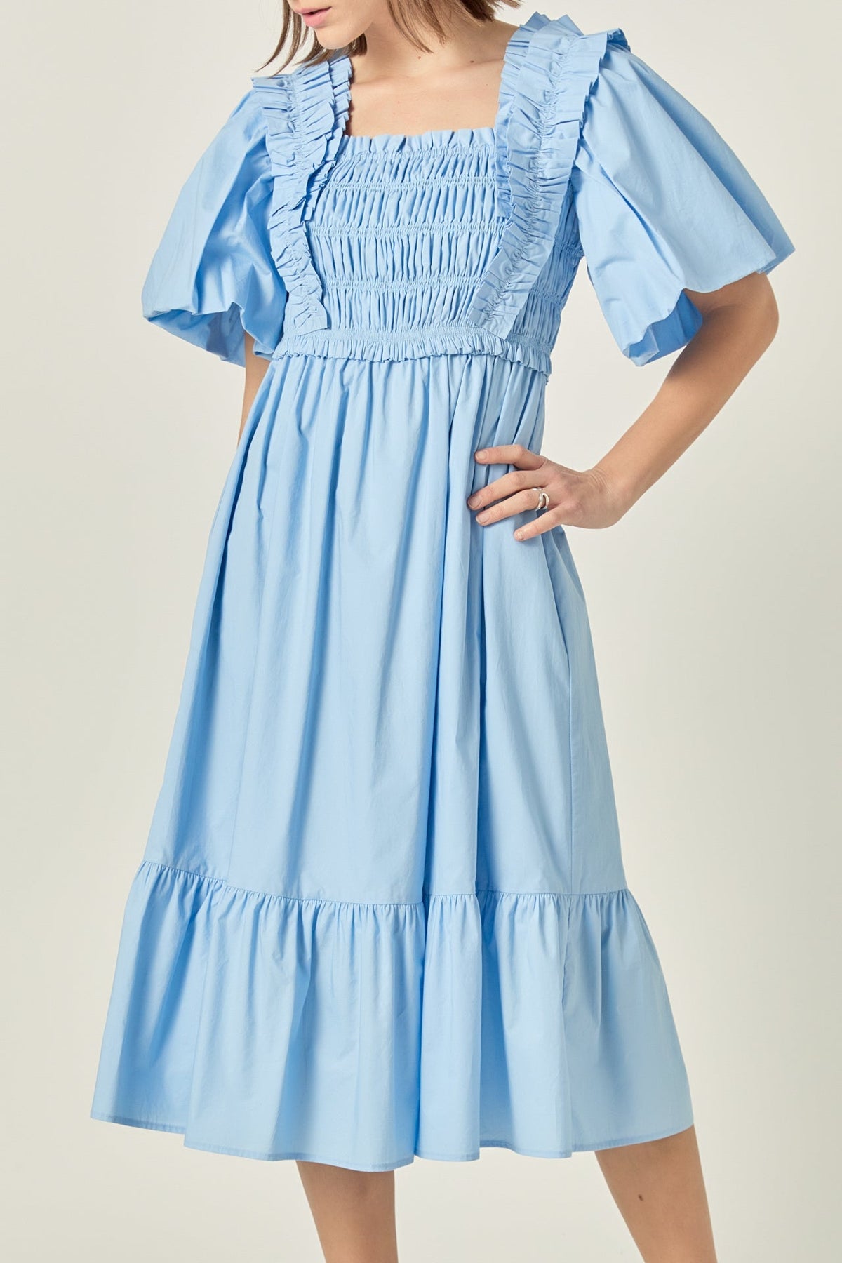 Puff Short Sleeve Square Neck Midi Dress