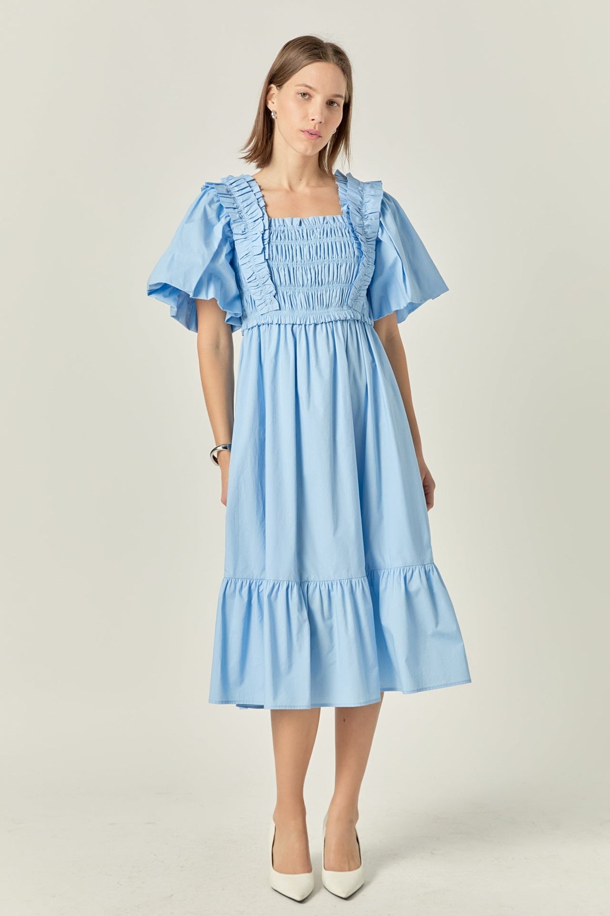Puff Short Sleeve Square Neck Midi Dress