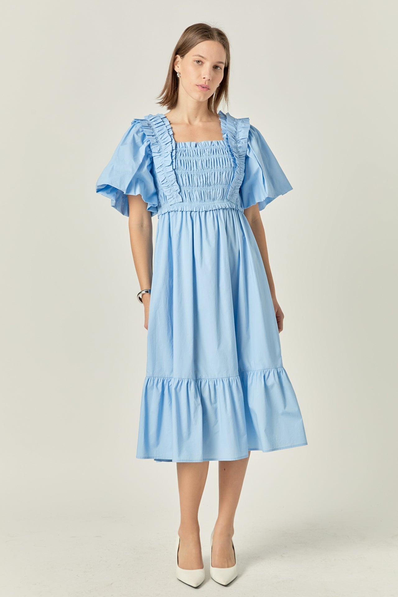 ENGLISH FACTORY - Puff Short Sleeve Square Neck Midi Dress - DRESSES available at Objectrare