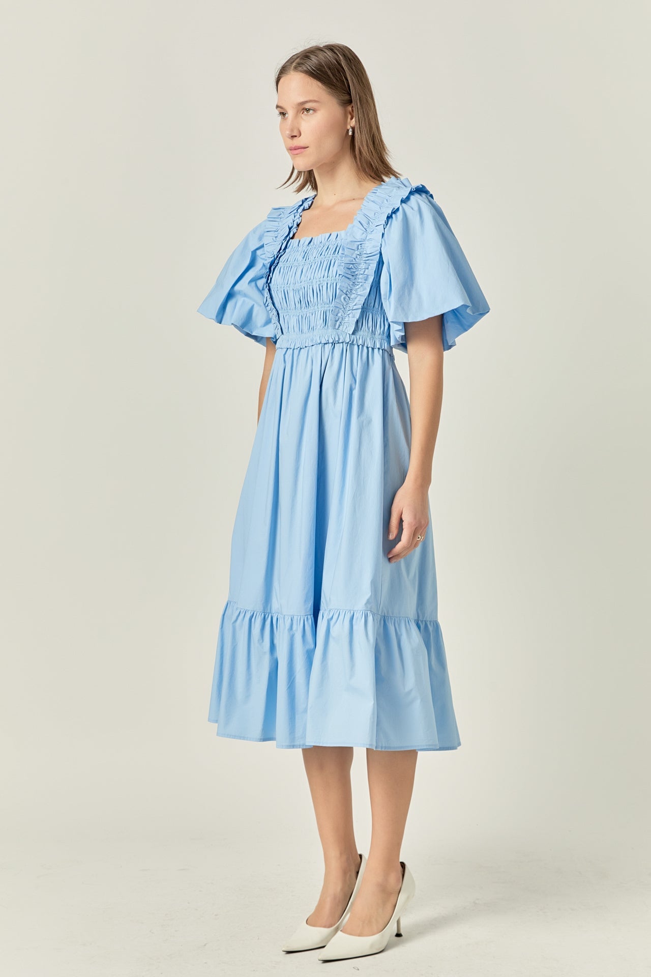 ENGLISH FACTORY - Puff Short Sleeve Square Neck Midi Dress - DRESSES available at Objectrare