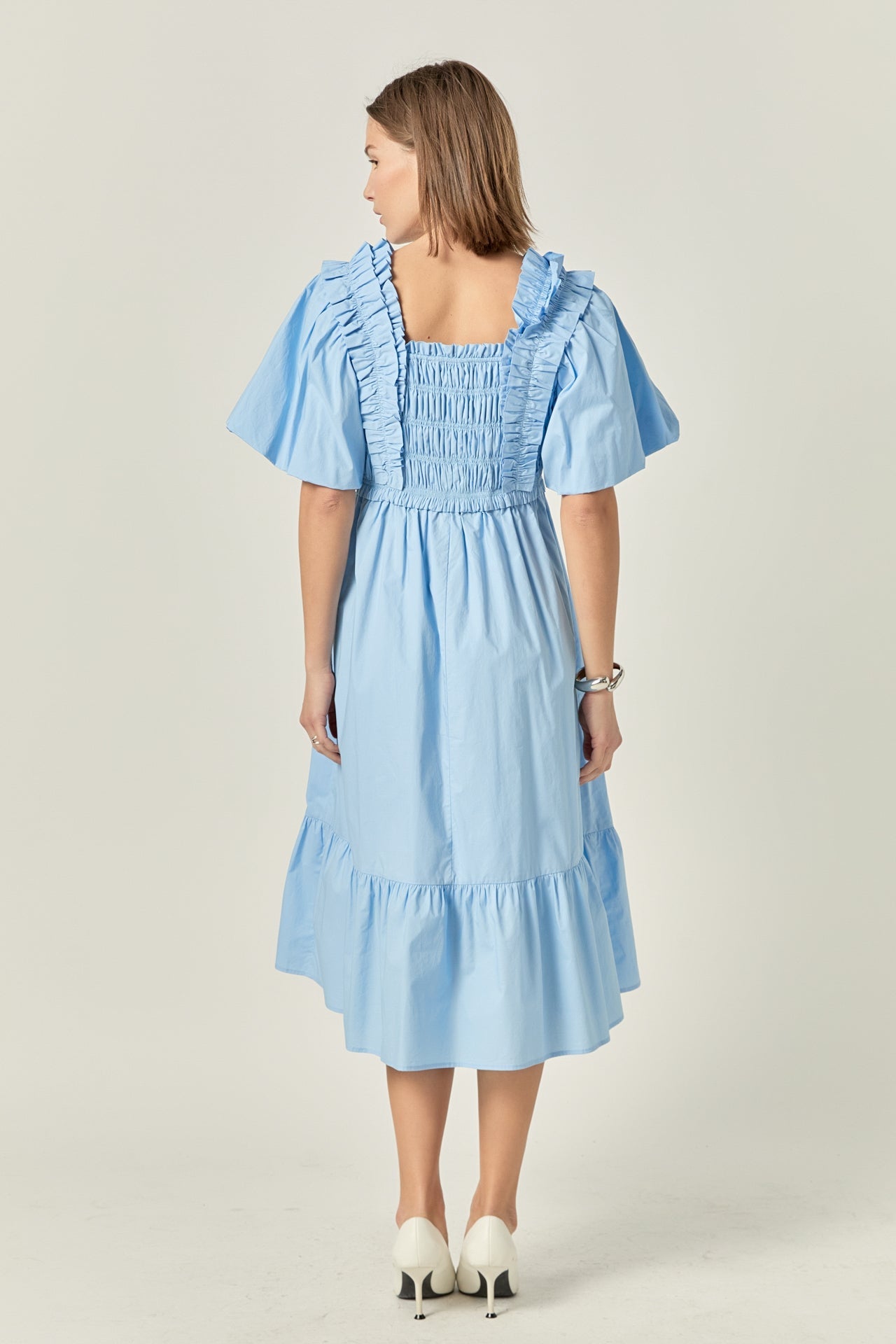 ENGLISH FACTORY - Puff Short Sleeve Square Neck Midi Dress - DRESSES available at Objectrare
